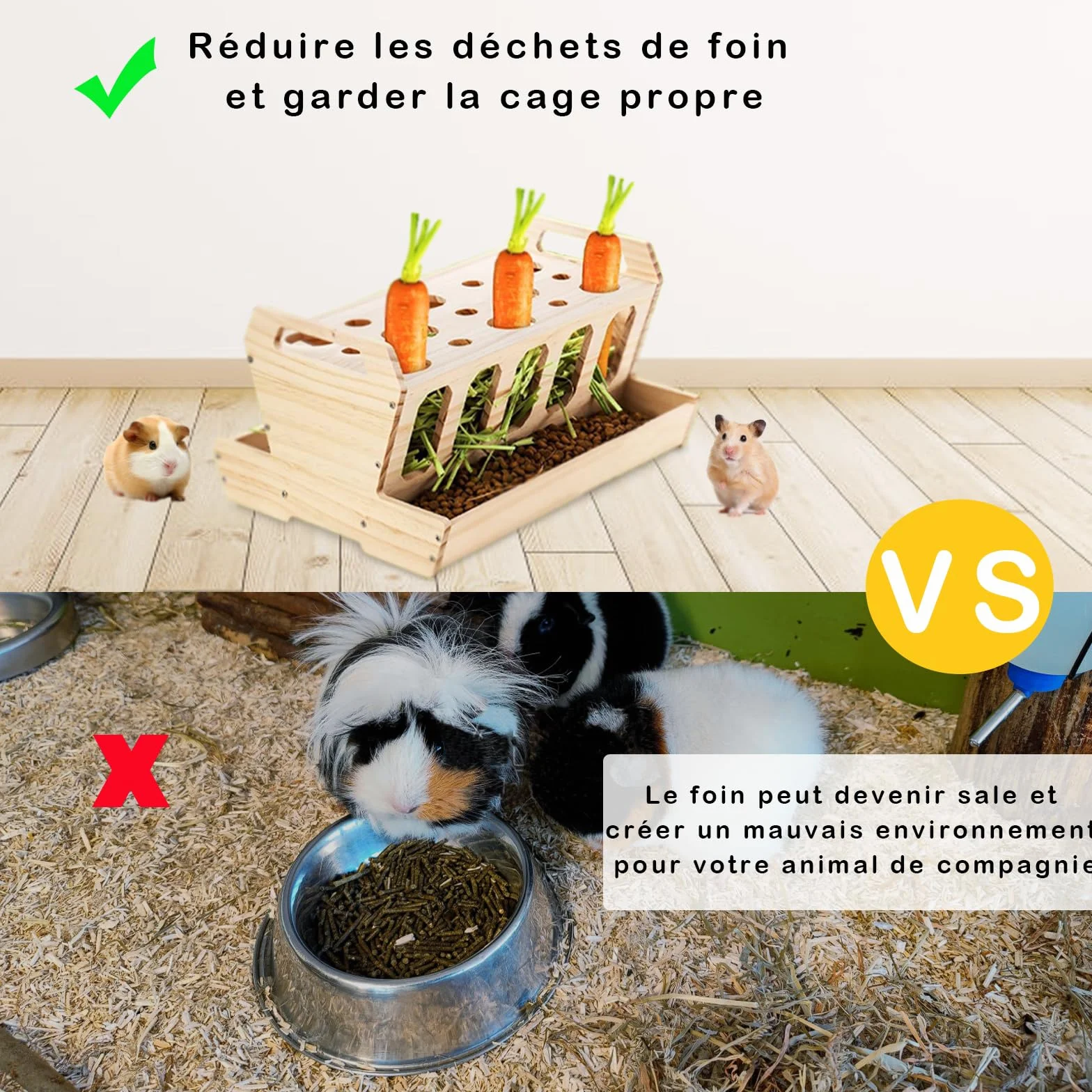 Râtelier à Foin pour Rongeurs, Distributeur en Bois Naturel Non Traité 30x22x18 cm pour Lapins et Cochons d'Inde