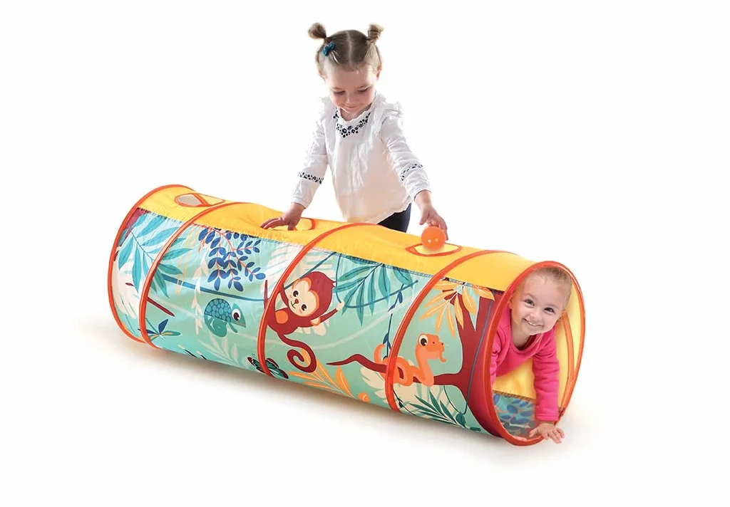 LUDI - Tunnel de Jeu - Dès 2 Ans - Thème Jungle - Léger et Pliable - Utilisation intérieur et Extérieur - Développe la motricité - 42x120cm