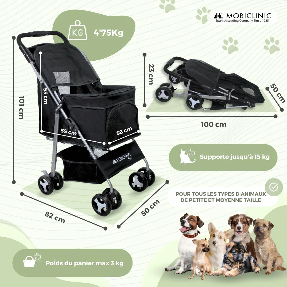 Mobiclinic Poussette Buggy Pliable Chien Zuma Jusqu'à 15 kg Roues Freins 360° Panier XXL Noir