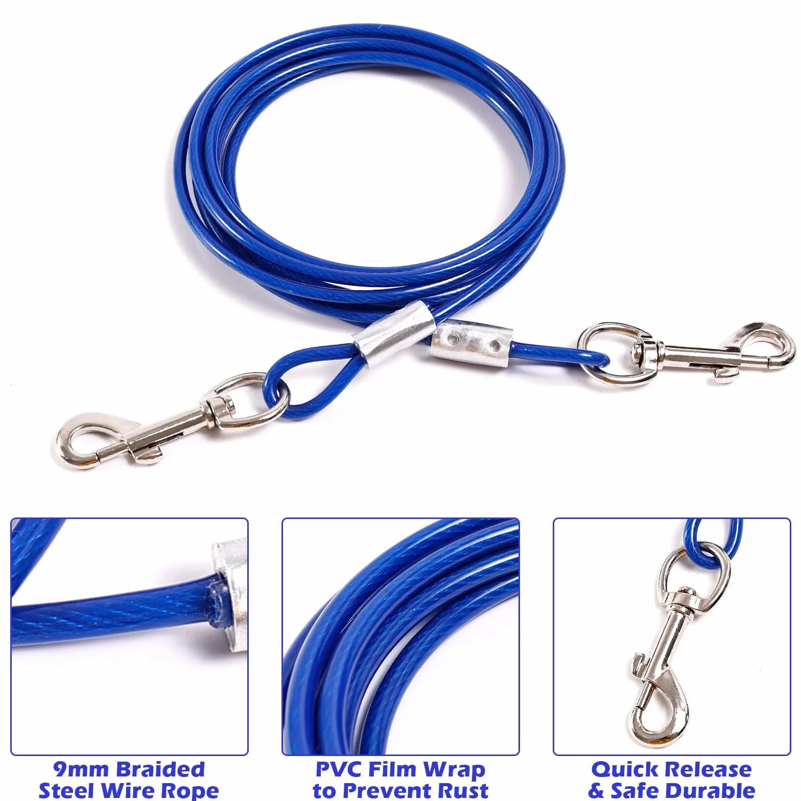 Ancrage en spirale bleu 40 cm câble acier 5 mm x 3 m ancrage sol visser force traction 80 kg pour chien