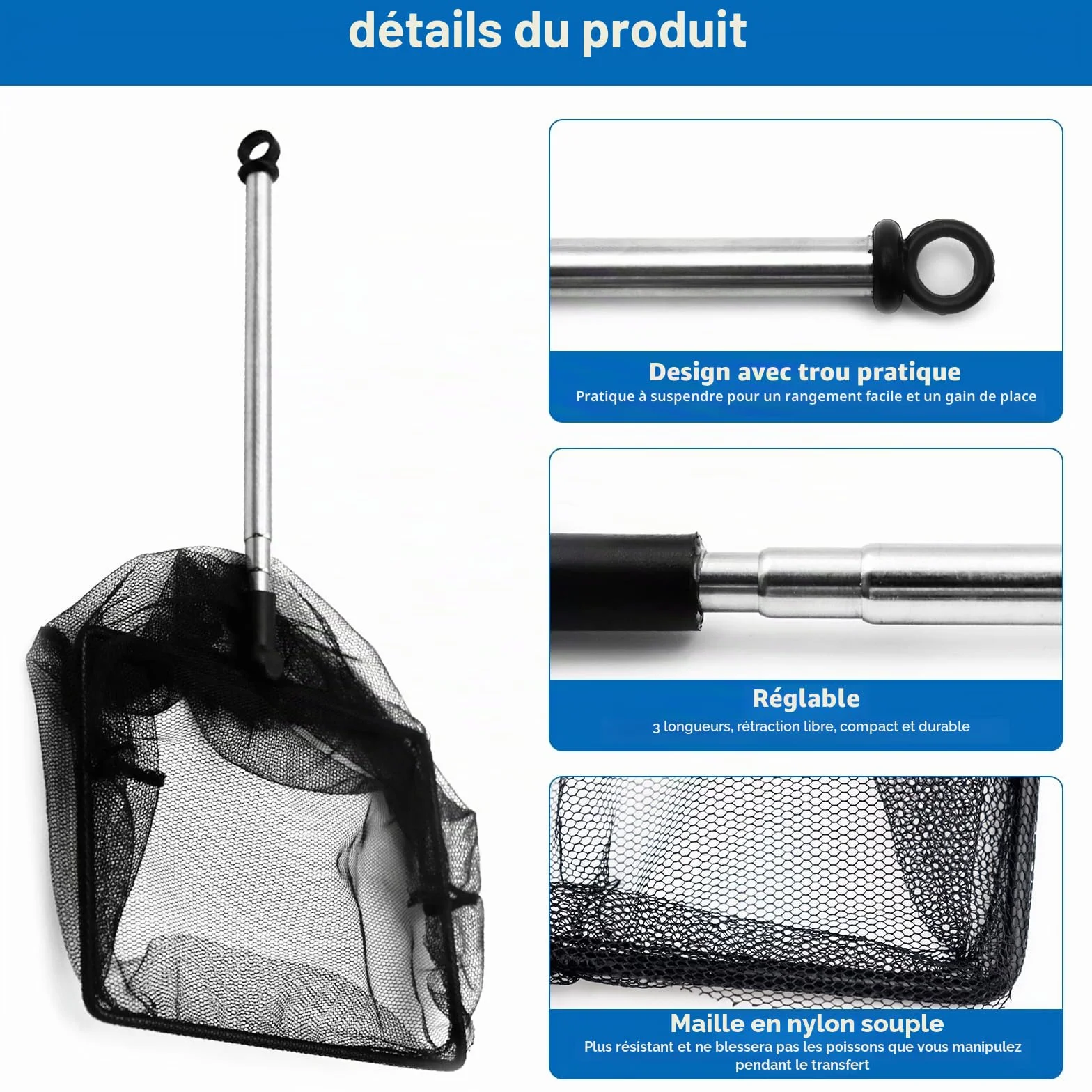 Épuisette Télescopique 26-45 cm pour Aquarium, Étangs et Piscines Koi Noir