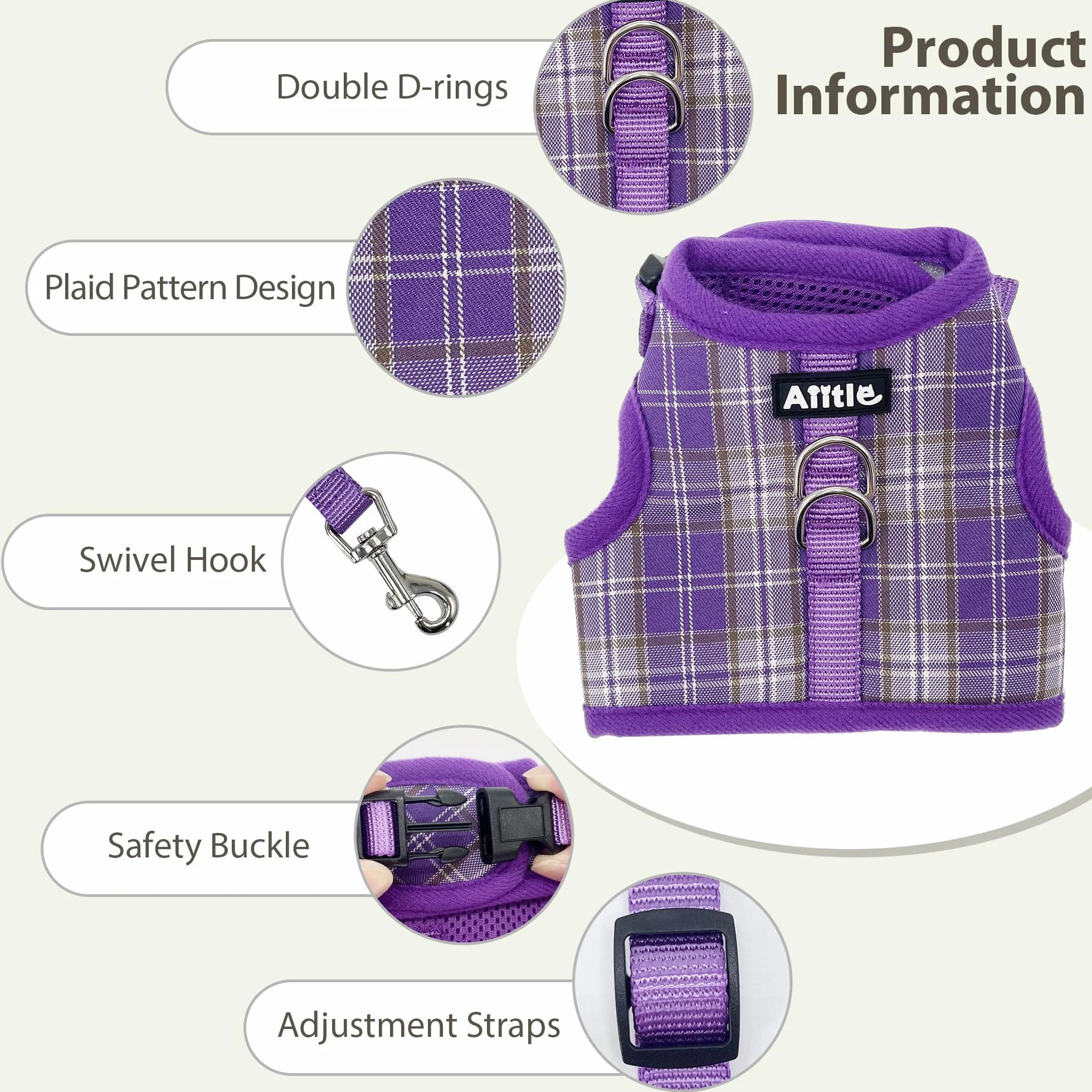 AIITLE Ensemble de harnais et laisse pour lapin anti-évasion - Design à ruban magique, rembourrage en maille à motif à carreaux léger, sans étouffement ni traction pour chiot, chat, rat, écureuil