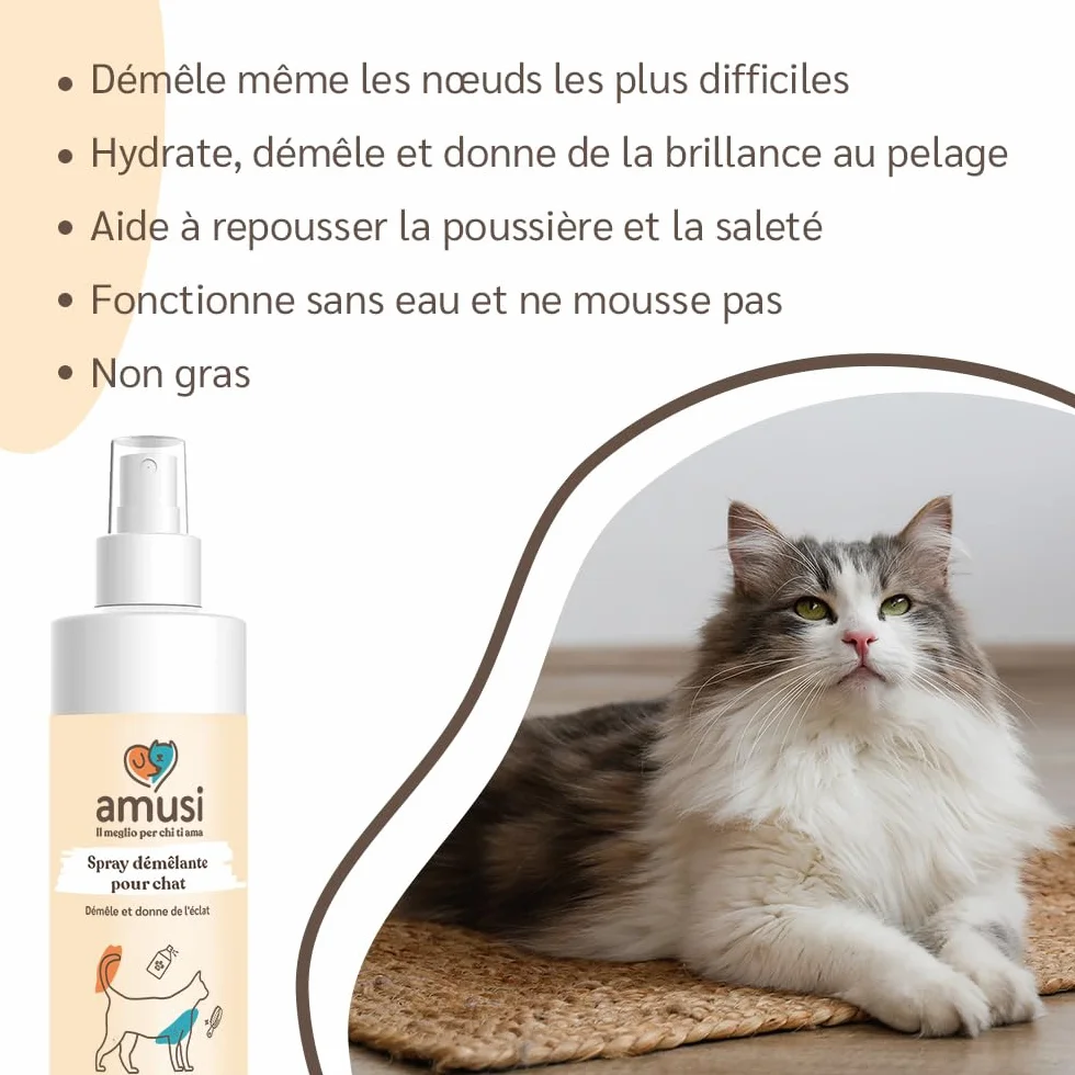 Amusi Spray Démêlant pour Chat 250 ml – Démêlant Poils Longs sans Rinçage, Naturel & Végétalien – Pelage Doux et Brillant – Fabriqué en Italie