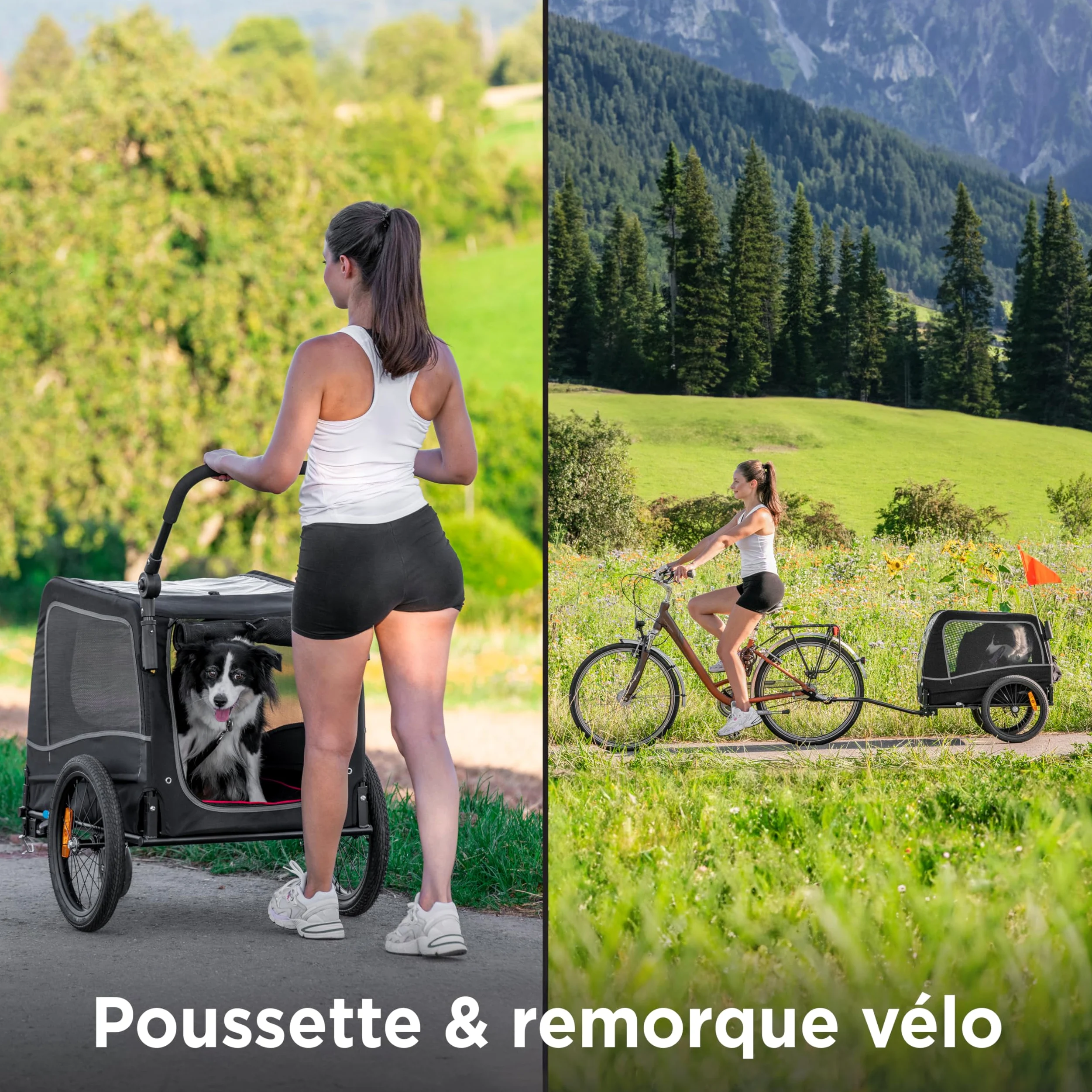 Remorque Vélo Chien 2-en-1 – Poussette et Chariot Pliable avec Coussin – Carriole étanche Jusqu’à 30 kg – Compatible avec vélos électriques – Noir