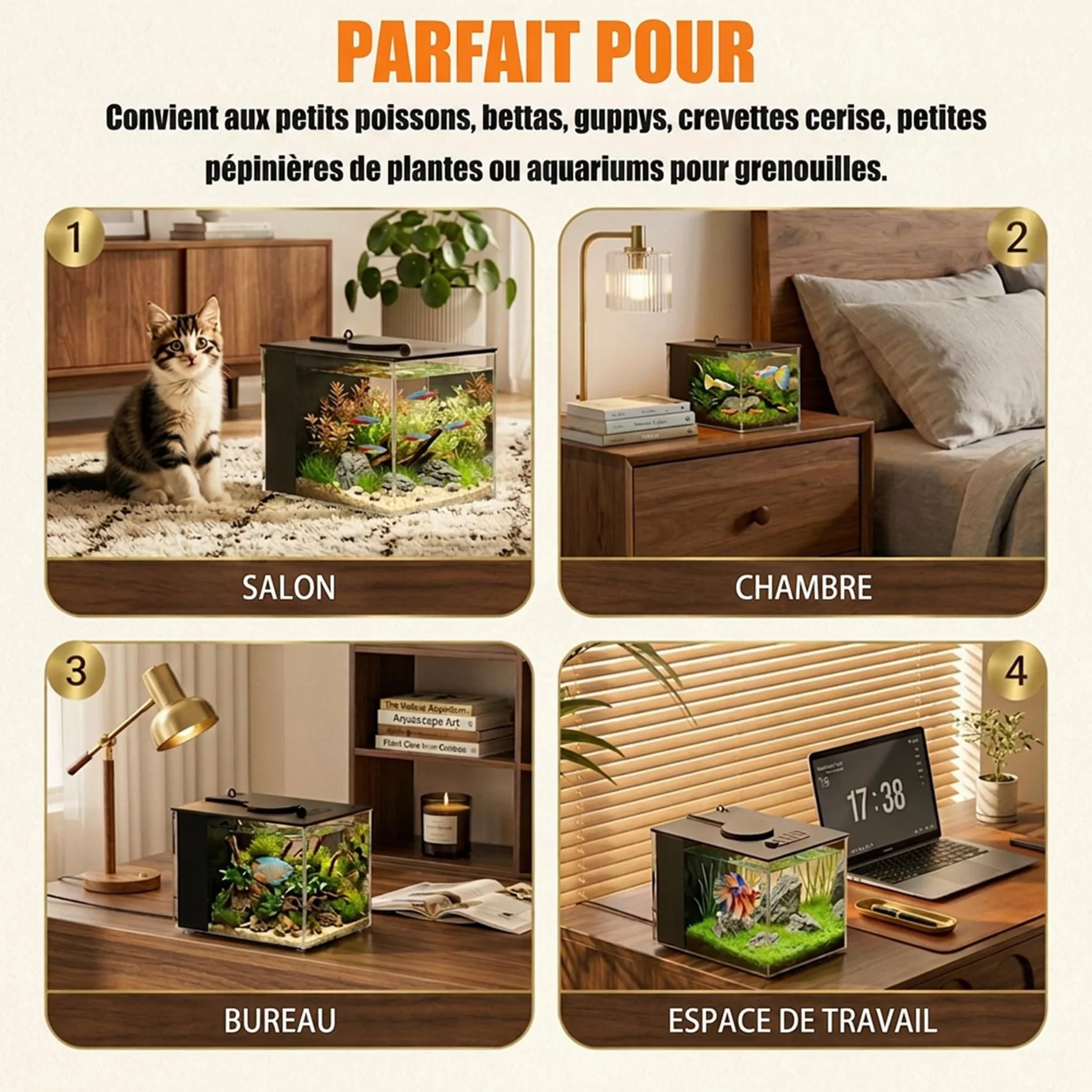 Petit Aquarium Complet 3,7L en Acrylique avec Pompe de Filtration et éclairage LED pour Betta, Crevettes, Plantes (Noir)