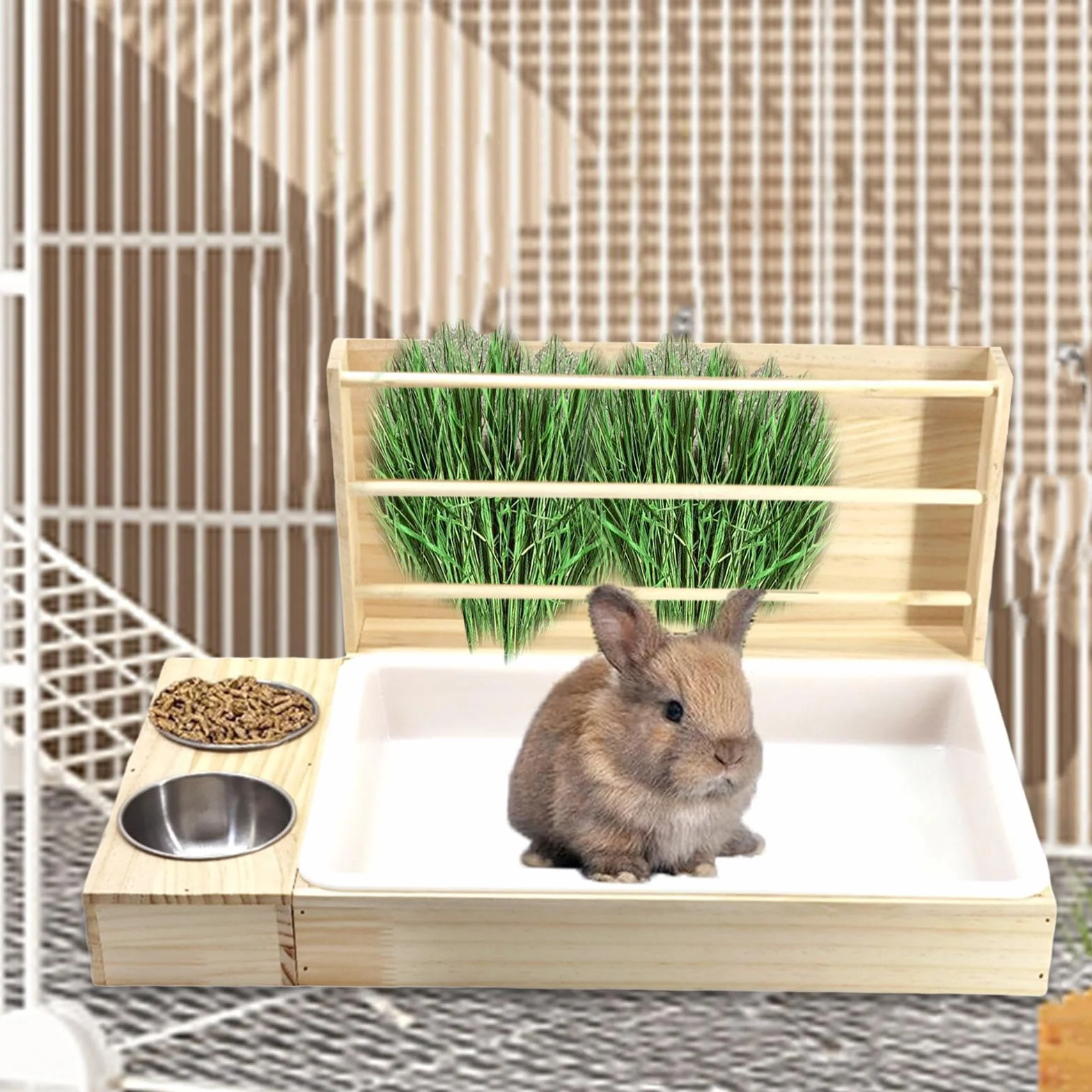 Râtelier à Foin en Bois 3 en 1 pour Lapin, Mangeoire avec Bols, Accessoire Cage