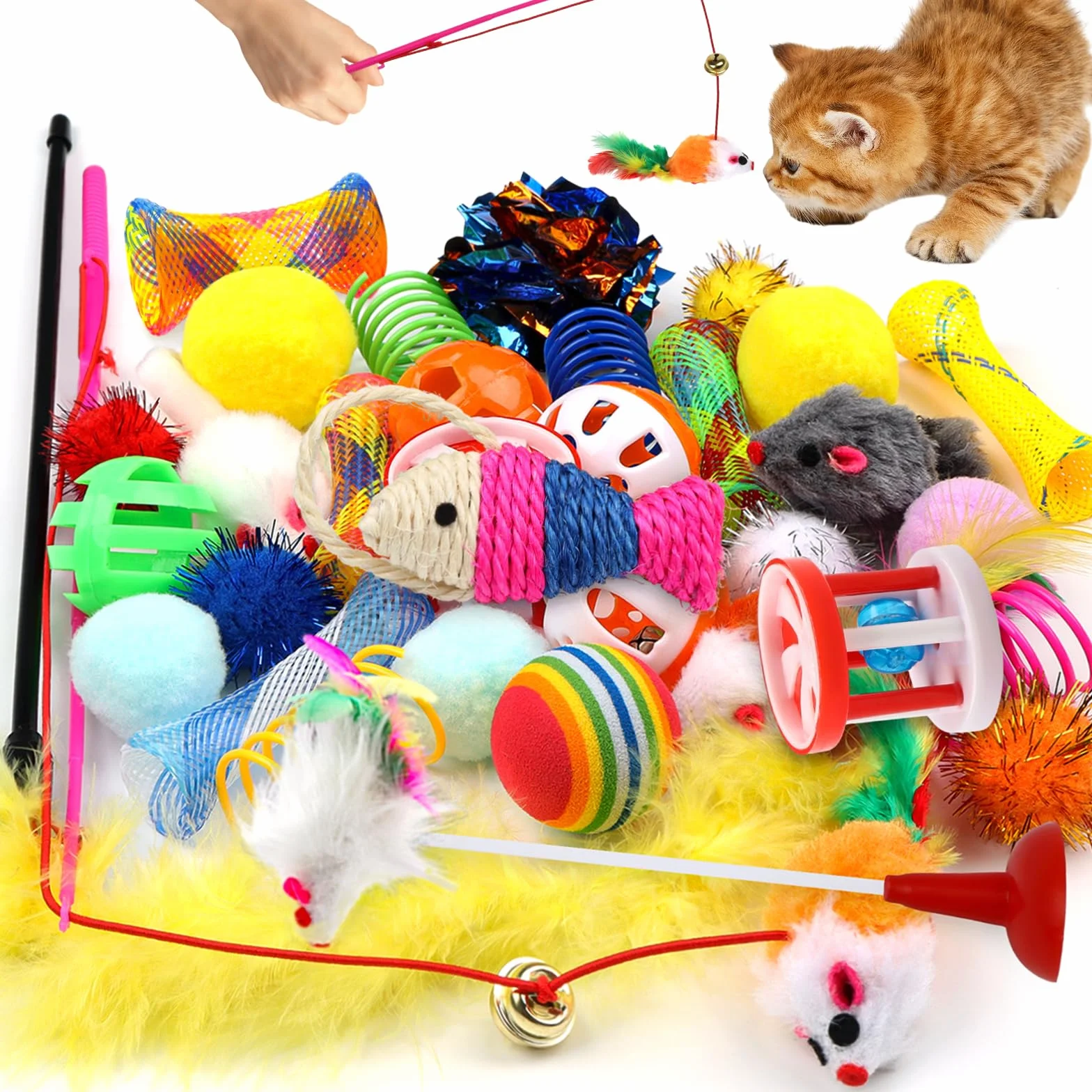 QUOZUO 32 Pièces Jouets Chat Interactif avec Plumes, Balles, Souris