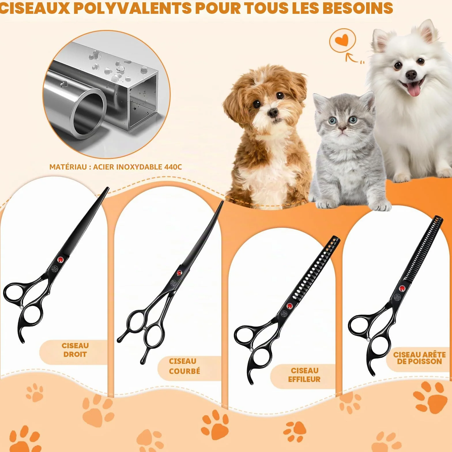 Moontay Professionnel Ciseaux Toilettage Chien et Animaux - Set Acier Inoxydable avec Droits, Courbés, Arête de Poisson, Effileurs, Peigne et Tissu de Nettoyage - Noir