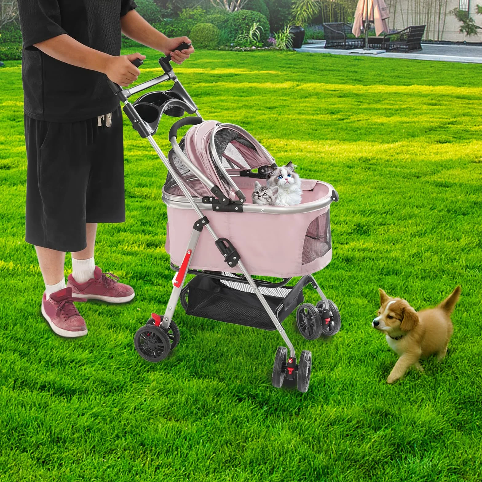 Poussette pliable pour chien 50x60 cm rose sakura avec roues universelles