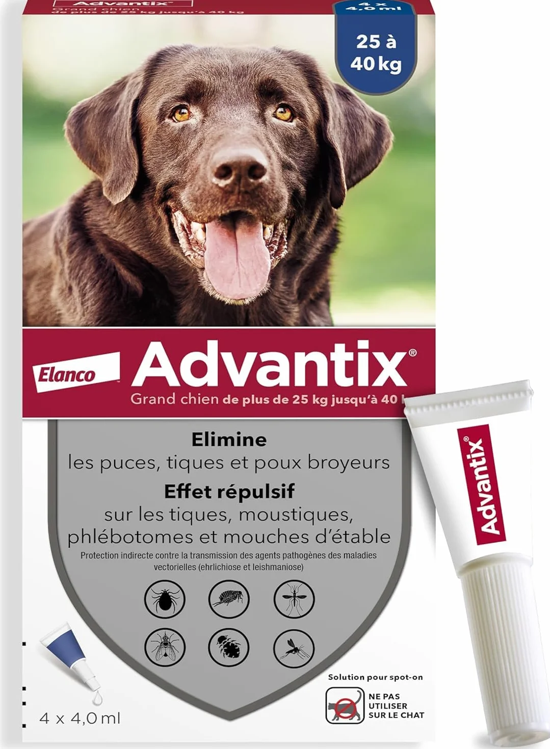 Advantix Grand Chien 25-40 kg Pipettes 4 semaines 6 parasites 4 x 4,0 ml