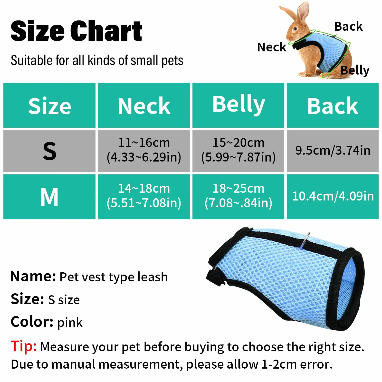 Harnais Lapin Réglable, Laisse Élastique Gilet Souple avec Corde de Traction pour Lapins et Cochons d'Inde (Bleu, S)