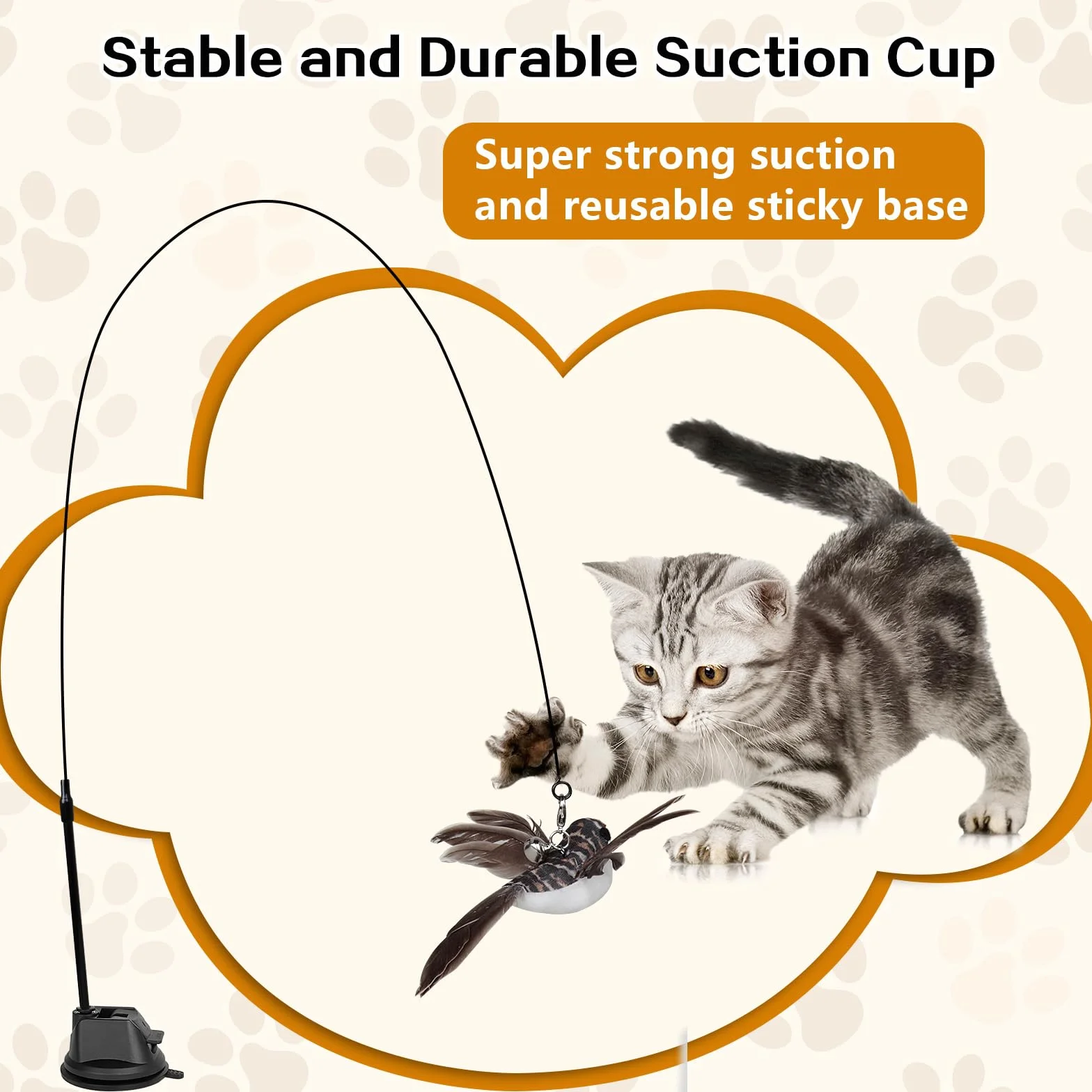 Jouet Chat Interactif 4 Pièces avec Ventouse, Canne à Pêche Chat avec 2 Oiseaux à Clochettes
