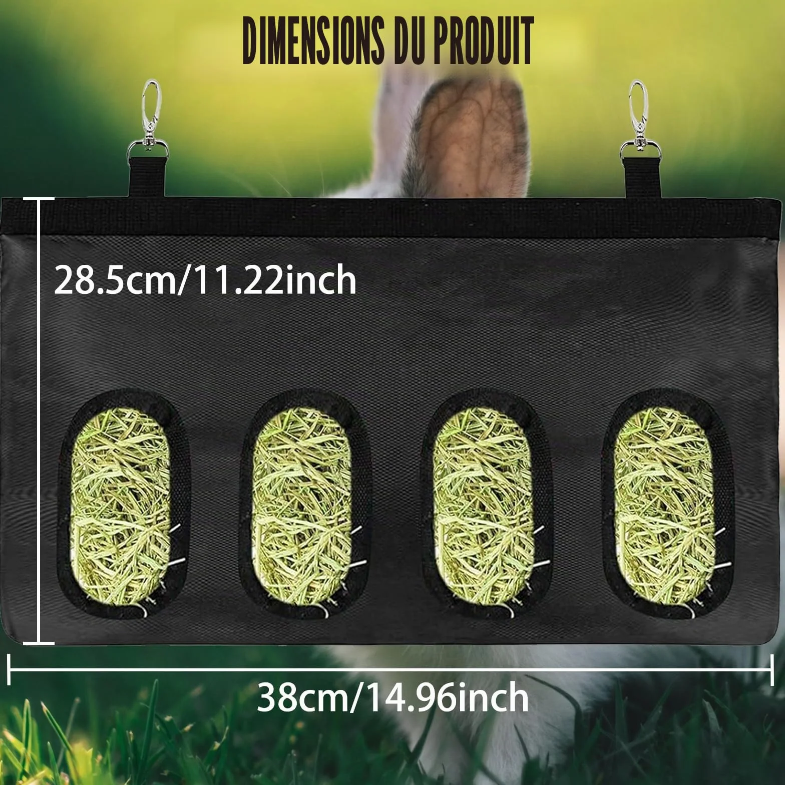 Sac à Foin pour Lapin, Distributeur Automatique Suspendu avec 4 Fenêtres, Noir