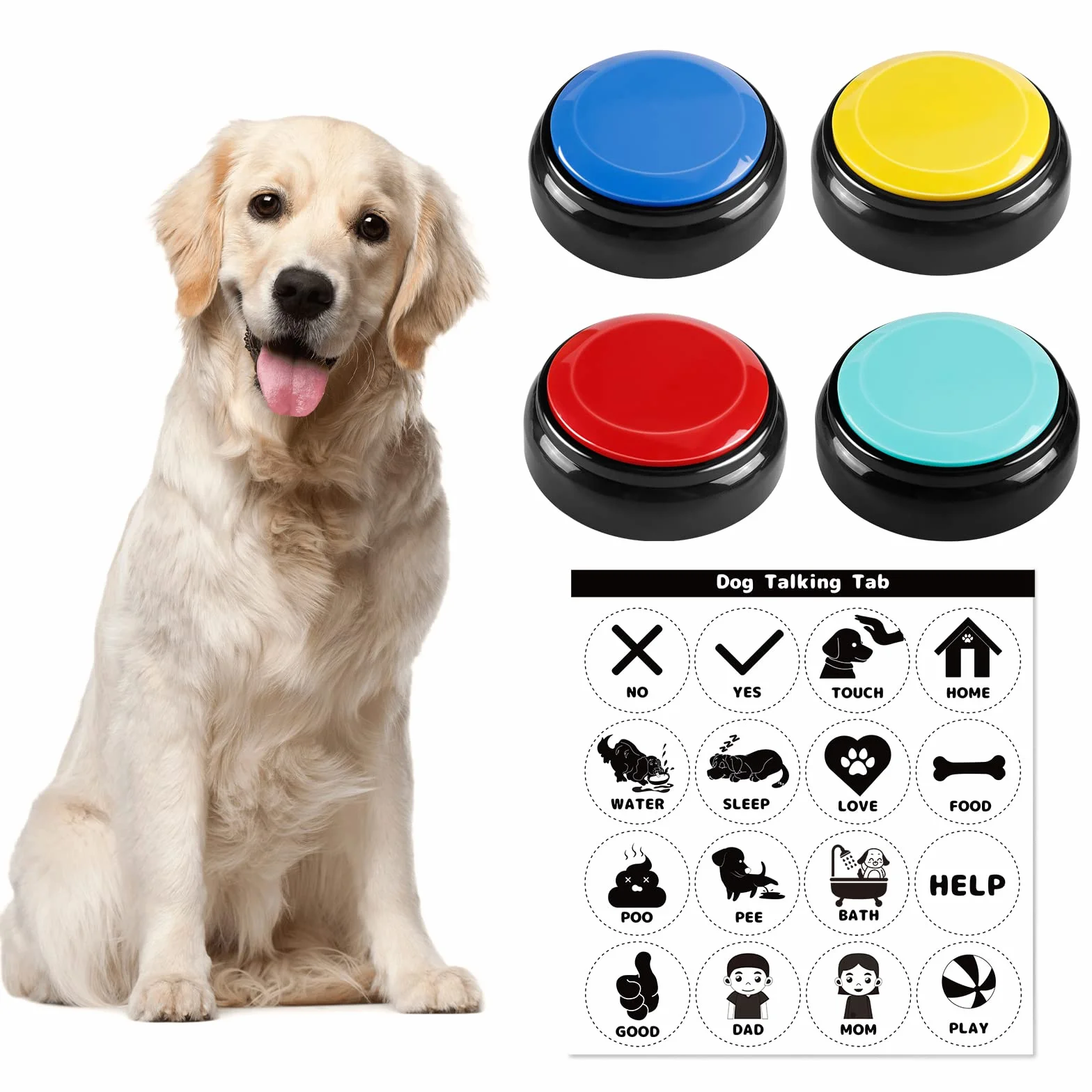 BEAN LIEVE Lot de 4 Boutons enregistrables pour Chien pour la Communication et l'entraînement, Buzzer de Commande pour Animaux de Compagnie avec 16 Autocollants gratuits