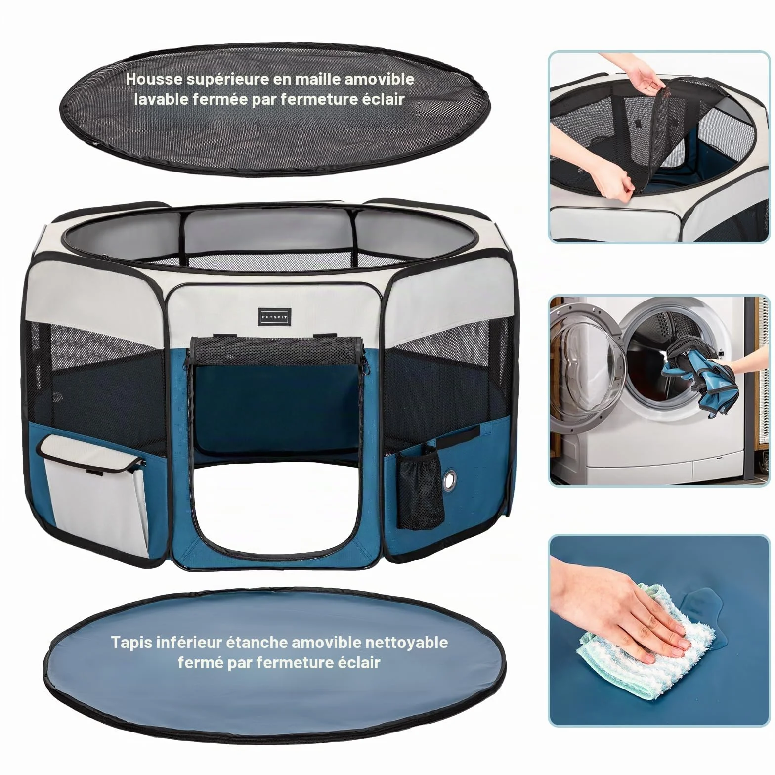 PETSFIT Enclos Pliable pour Petits Animaux 116x106x70 cm Fond étanche Pop-up Anti-Mastication Gris/Bleu