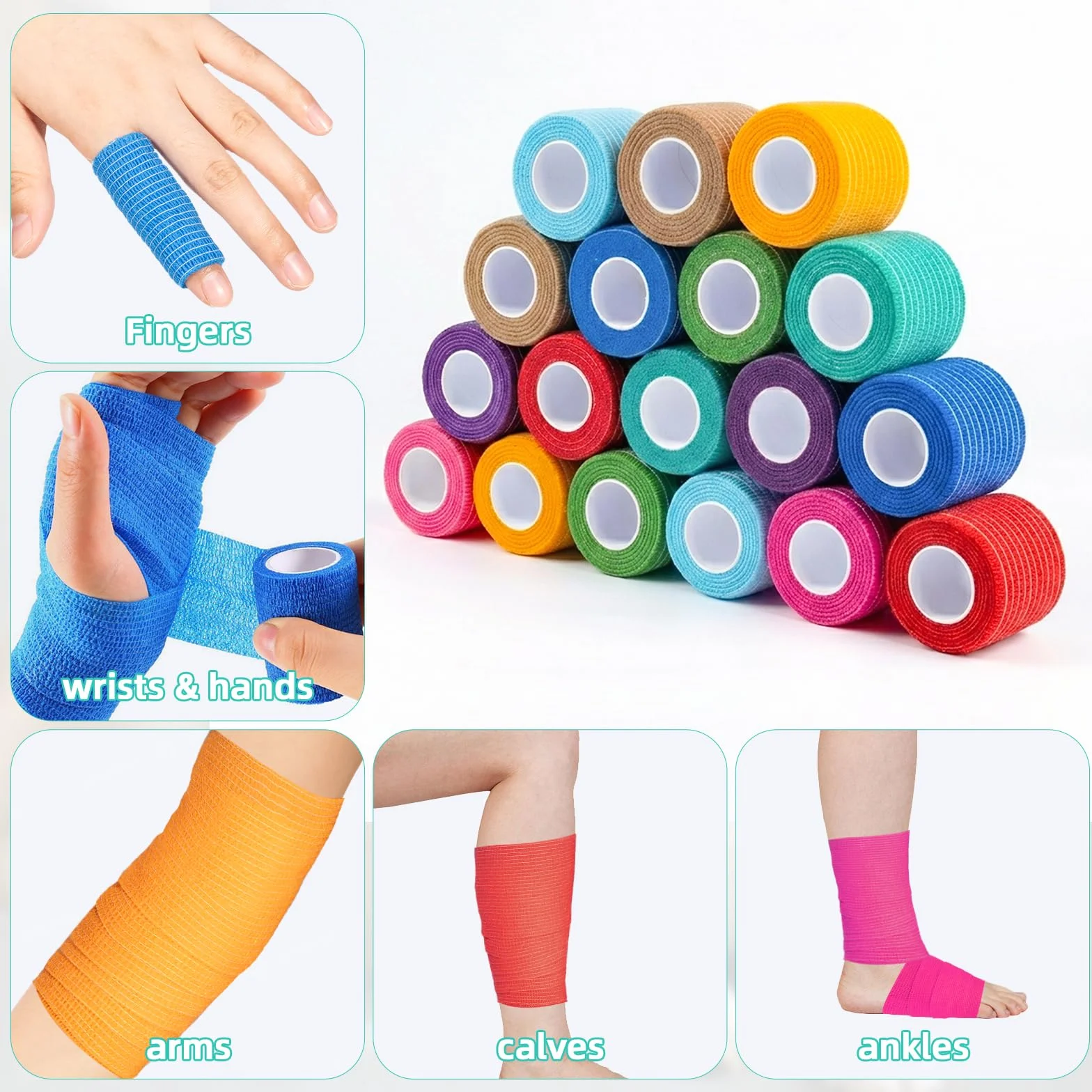Carehabi Bandage Autoadhésif 18 Rouleaux 5cm x 4.5m Bande Cohesive Multicolore Vétérinaire Élastique Autocollant