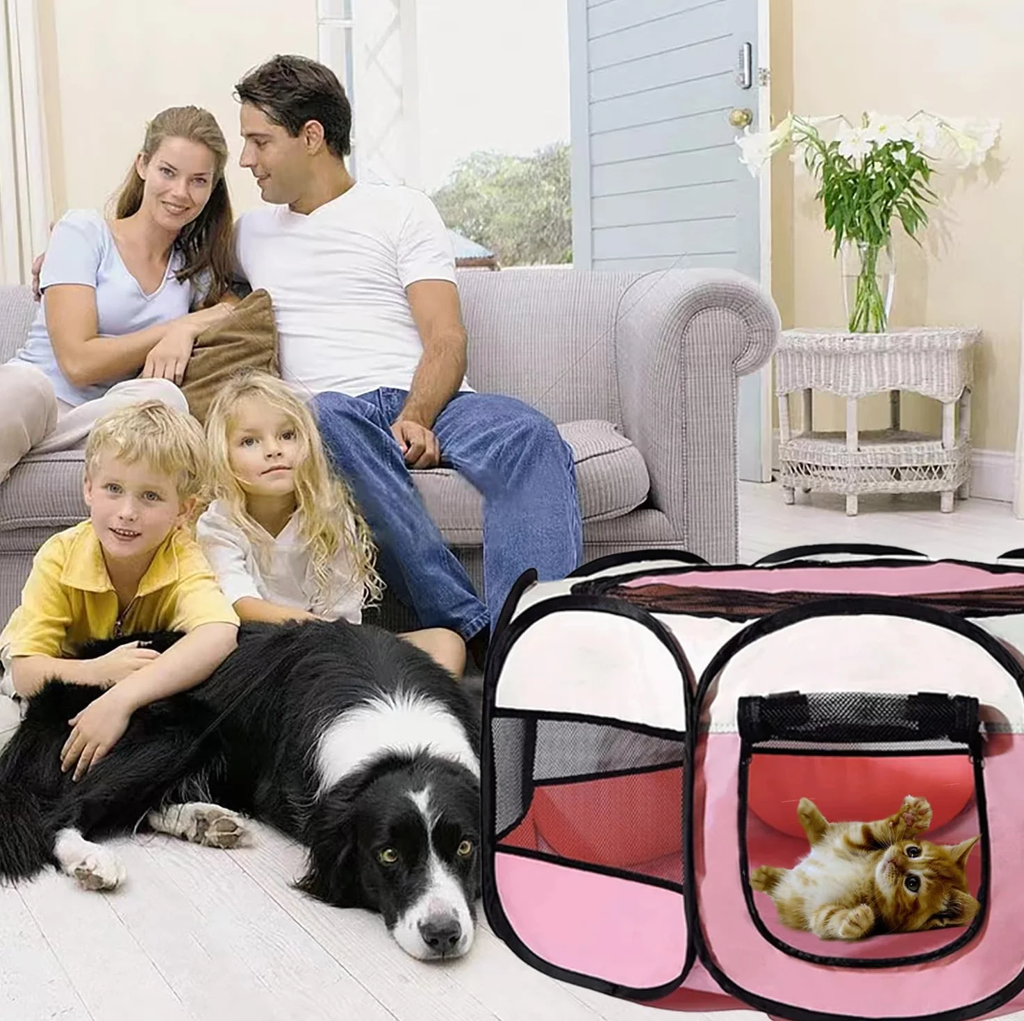 Boîte à Chiots Pliable 74 x 74 x 43 cm Rouge Rose pour Chat Lapins Intérieur Extérieur