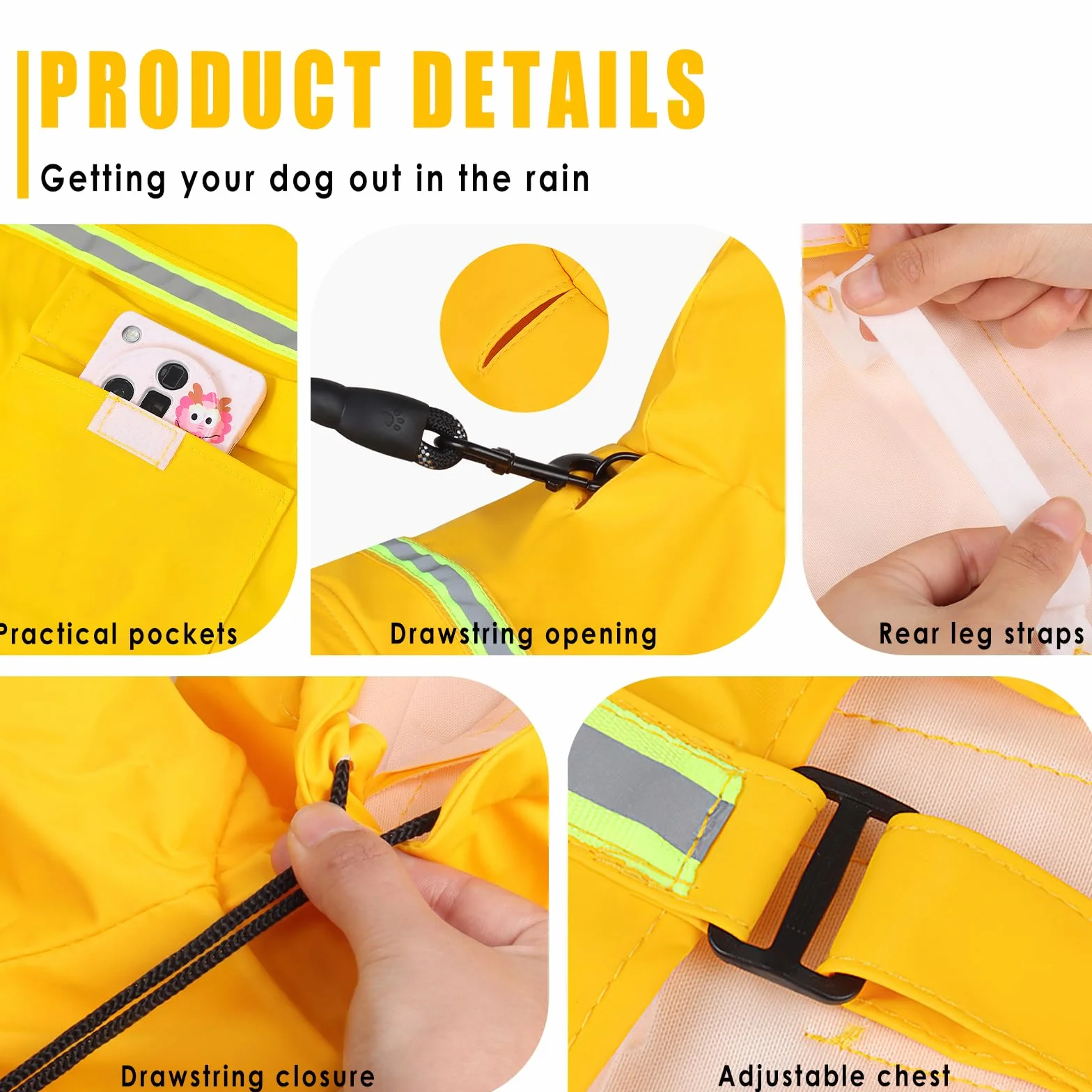 Imperméable Chien Grande Taille, Veste Imperméable pour Chien, Etanche et Coupe-Vent Manteaux Imperméables pour Chiens, Chiot Poncho de Pluie avec Bandes Réfléchissantes (Jaune, 4XL)