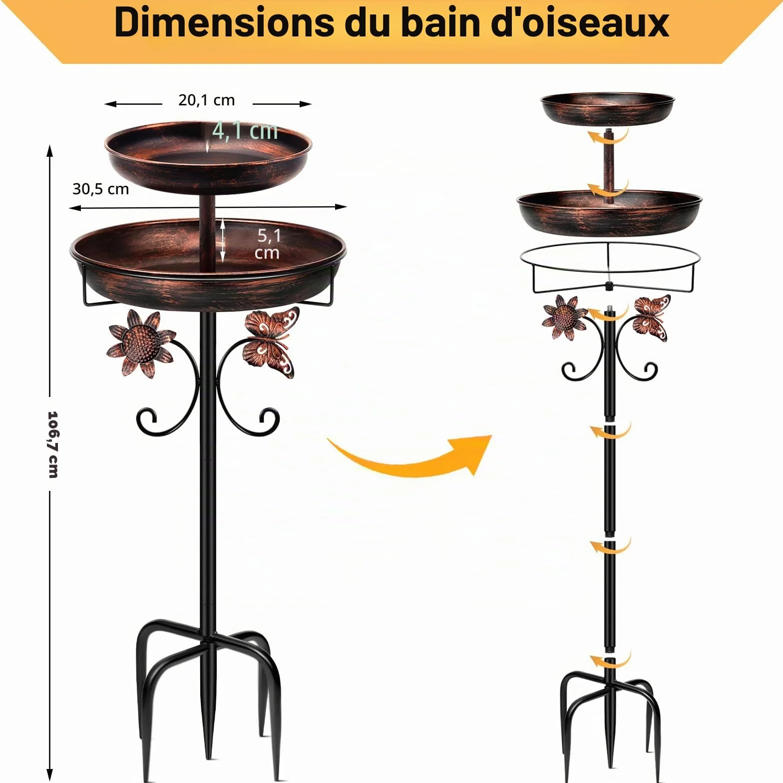 Bain d'oiseaux en métal pour l'extérieur, 106,7 cm, double bain d'oiseaux autoportant, mangeoire pour oiseaux pour extérieur, jardin, terrasse, cour, pelouse, base améliorée à 5 dents (bronze