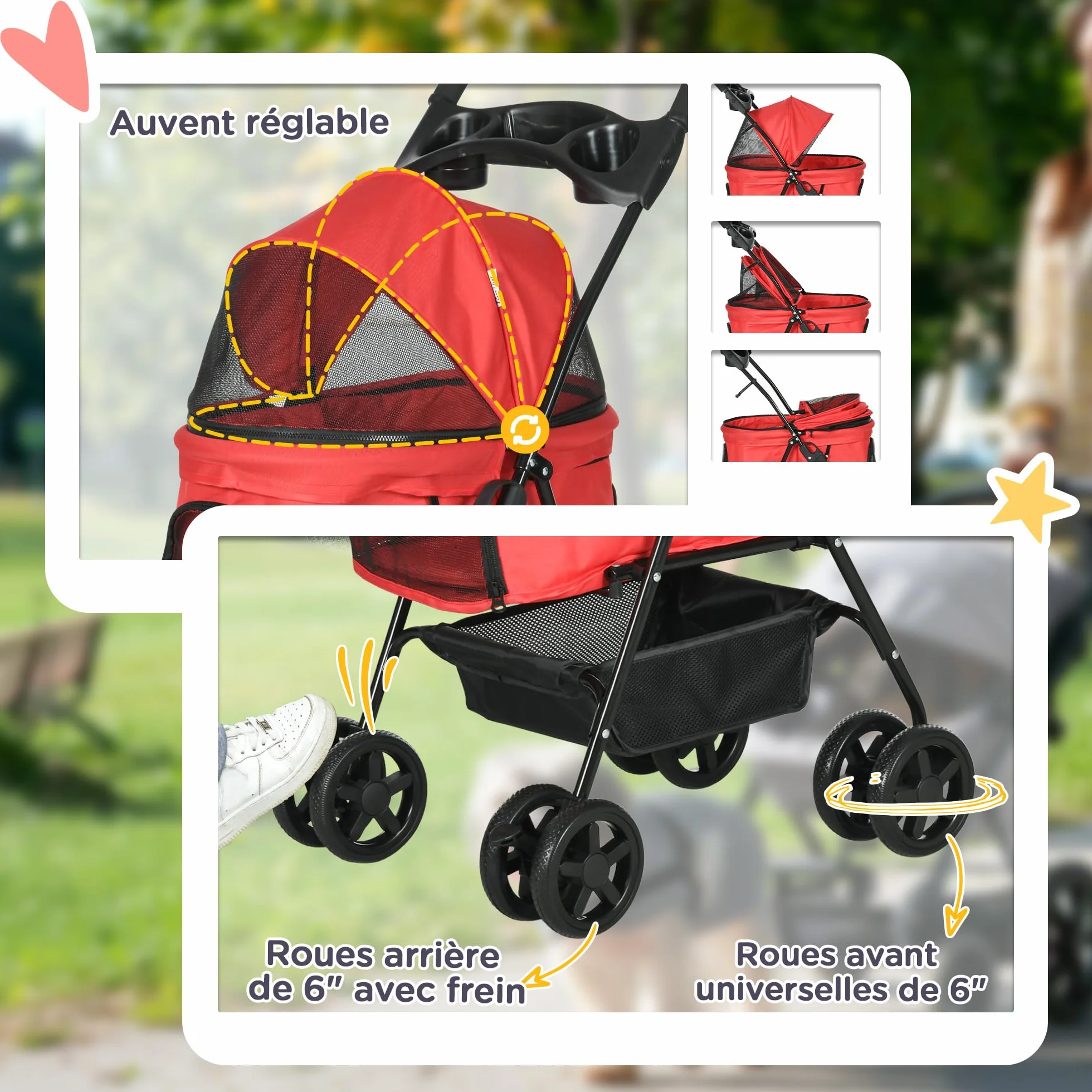 PawHut Poussette pliable pour chien chat 4 roues rouge tissu Oxford 300D imperméable porte-gobelets