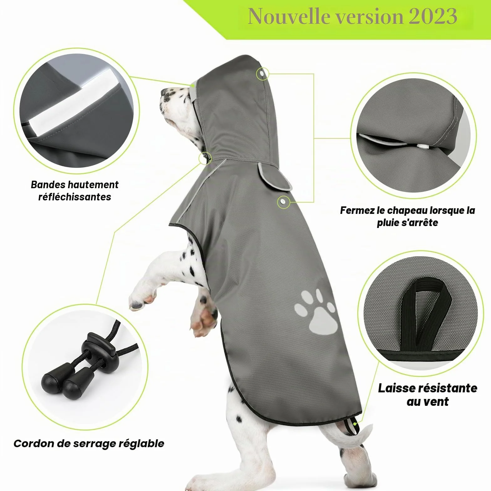 Manteau de Pluie pour Chien Impermeable Étanche Coupe-Vent Réglable avec Capuchon Taille L