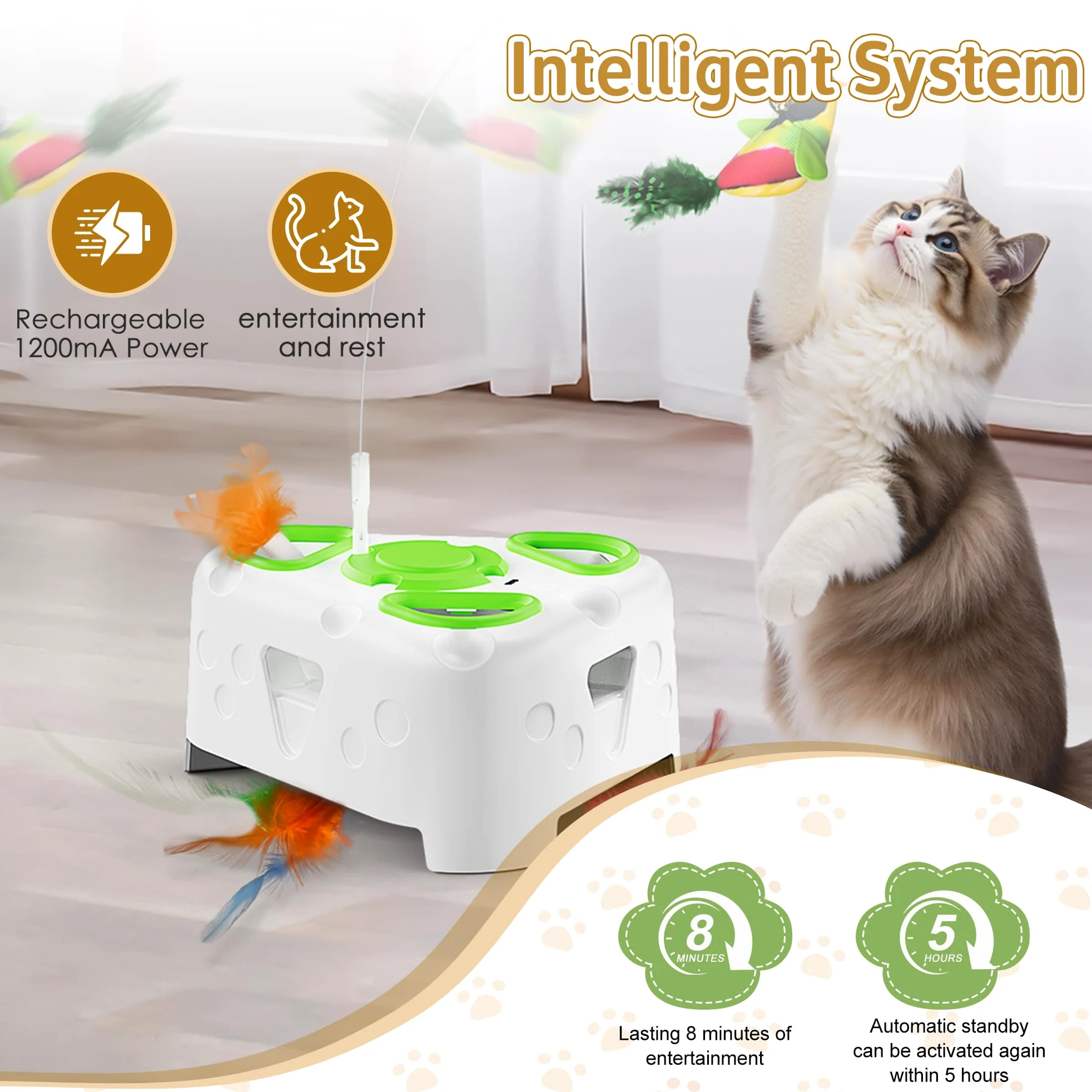 Jouet interactif 3 en 1 pour chat d'intérieur, jouet automatique pour chaton, oiseau volant, taupe à 6 trous, plume rotative, jouet interactif rechargeable USB pour chats d'intérieur ennuyés