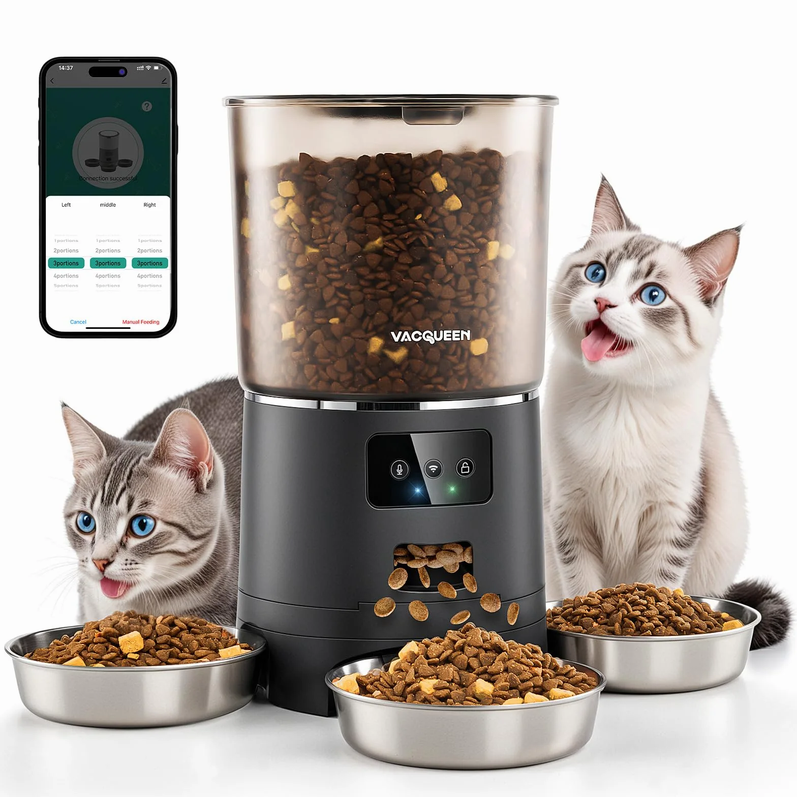 Mangeoire automatique pour chat avec application et minuterie, 6 l/25 tasses, 3 gamelles, 3 paquets de déshydratants, système anti-obstruction, WiFi 2,4 G, enregistrement vocal 10 s, distributeur de