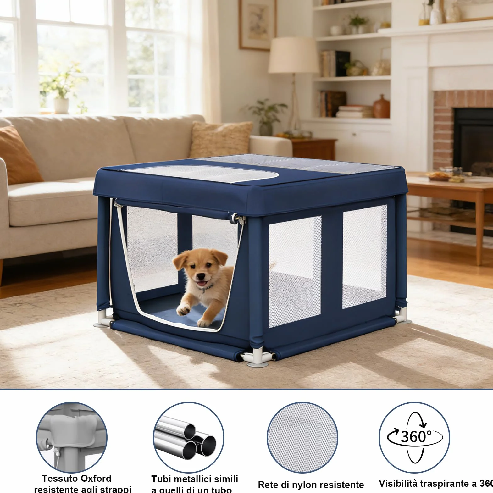 Parc pour Chiots avec Tissu renforcé, Filet en Nylon et Tubes en Acier Inoxydable, Bleu, 90x90x66cm