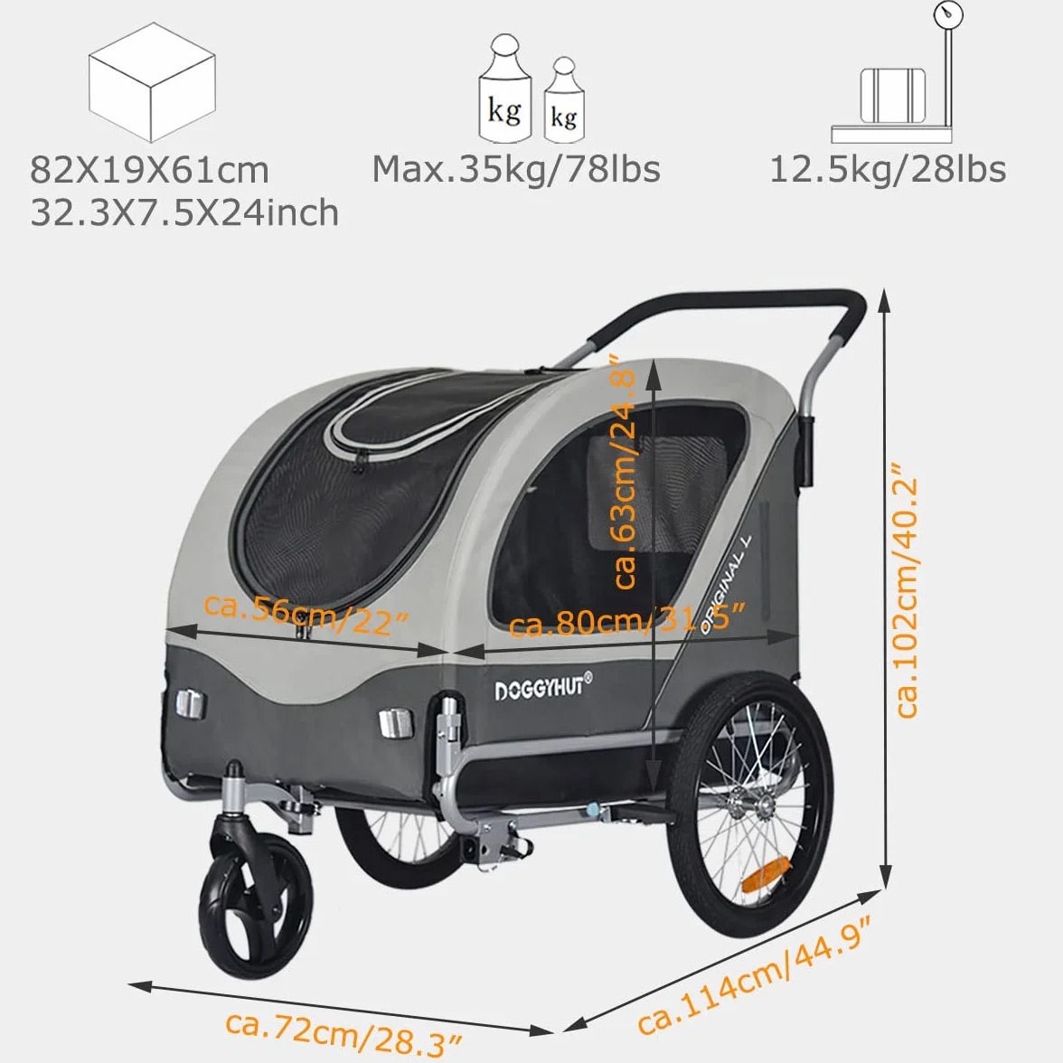 Doggyhut Original L Remorque de Velo 2 en 1 Grande Poussette pour Chiens Taille Moyenne et Grande