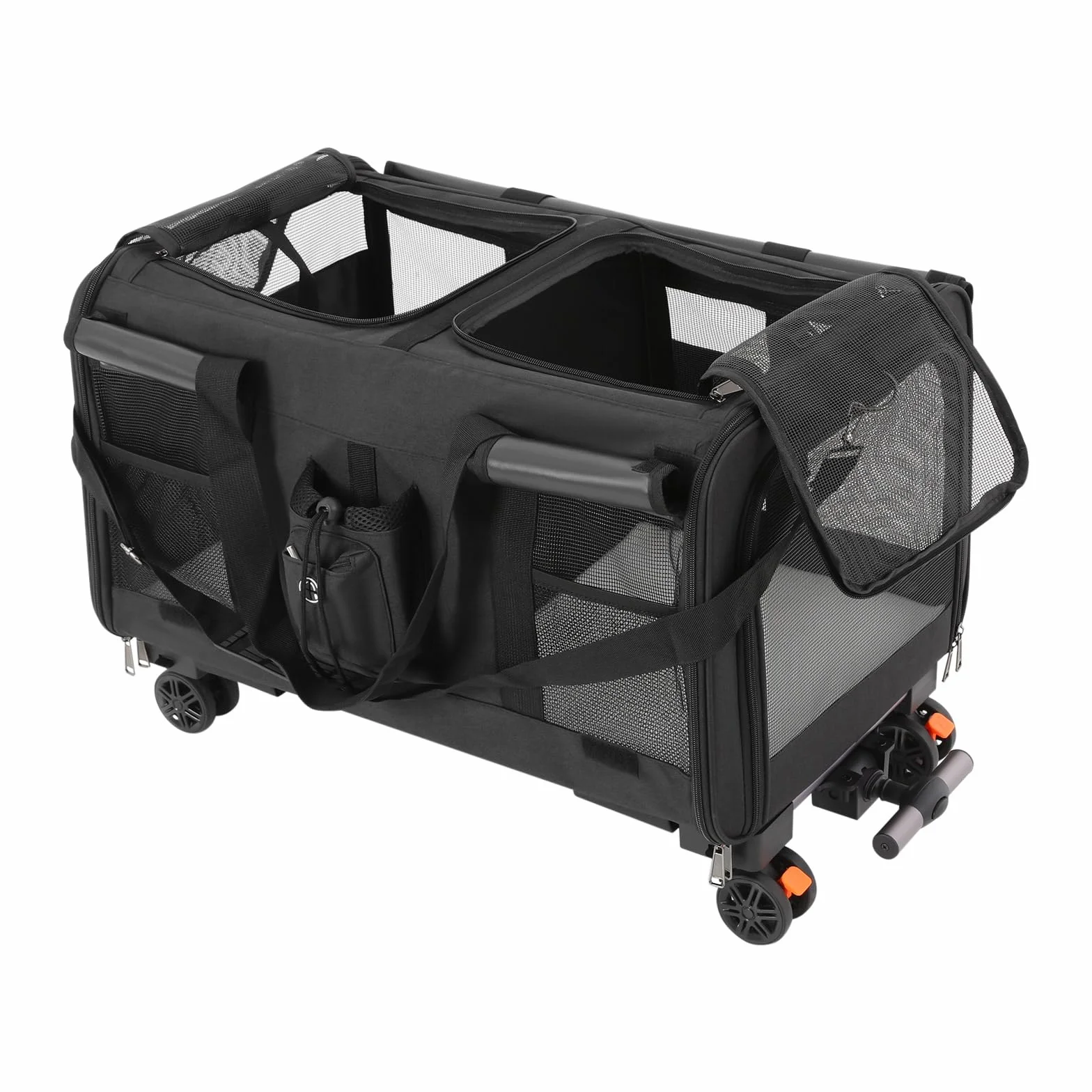 Sac de transport pour chat avec deux compartiments et roulettes, pliable et amovible, pour 2 chats, idéal pour les voyages (noir)