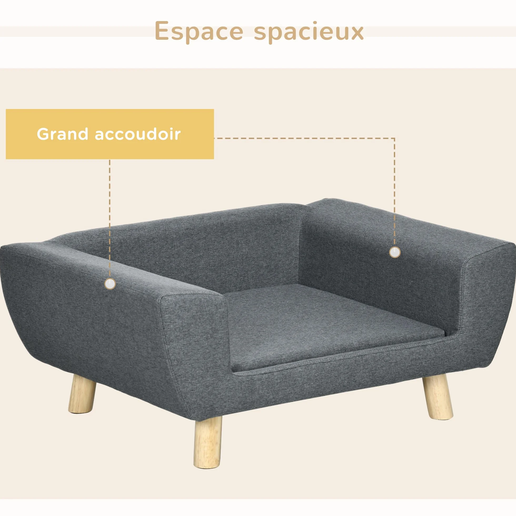 PawHut Canapé Chien Lit Scandinave Pieds Bois Massif 87x61x36 cm Polyester Gris