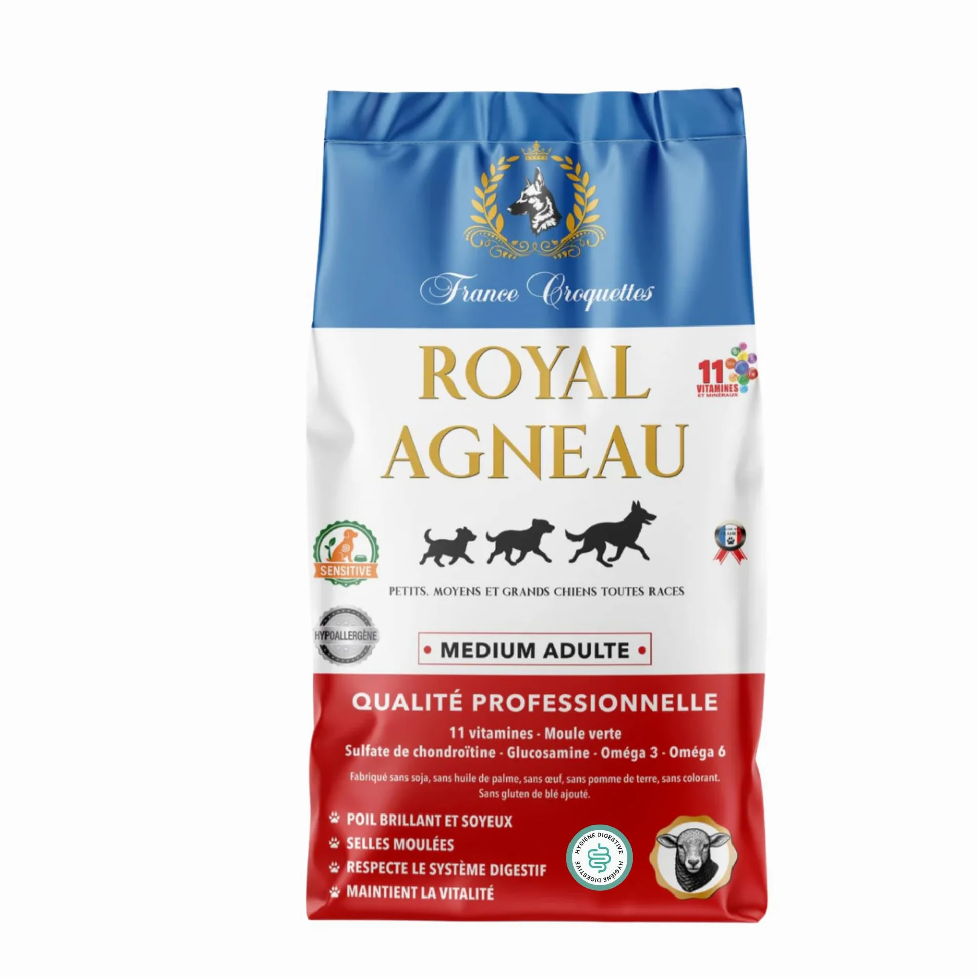Croquettes hypoallergéniques Chien Adulte France Croquettes Royal Agneau – sans blé, hautement digestes, Riches en protéines, avec prébiotiques & probiotiques pour Flore intestinale Saine - 12KG