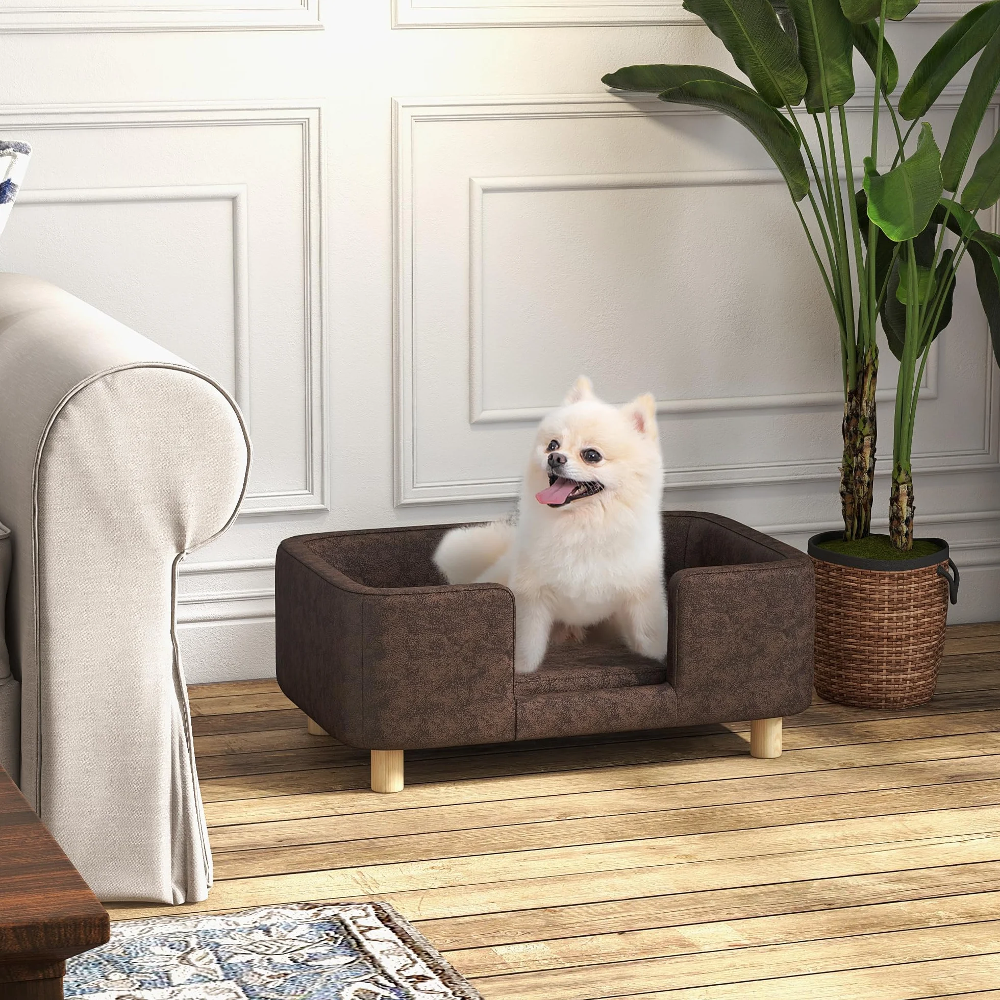 PawHut Canapé Chien lit pour Chien Chat Rebord Coussin Moelleux Pieds Bois Massif 74 x 48,5 x 31 cm Micro-Fibre Chocolat
