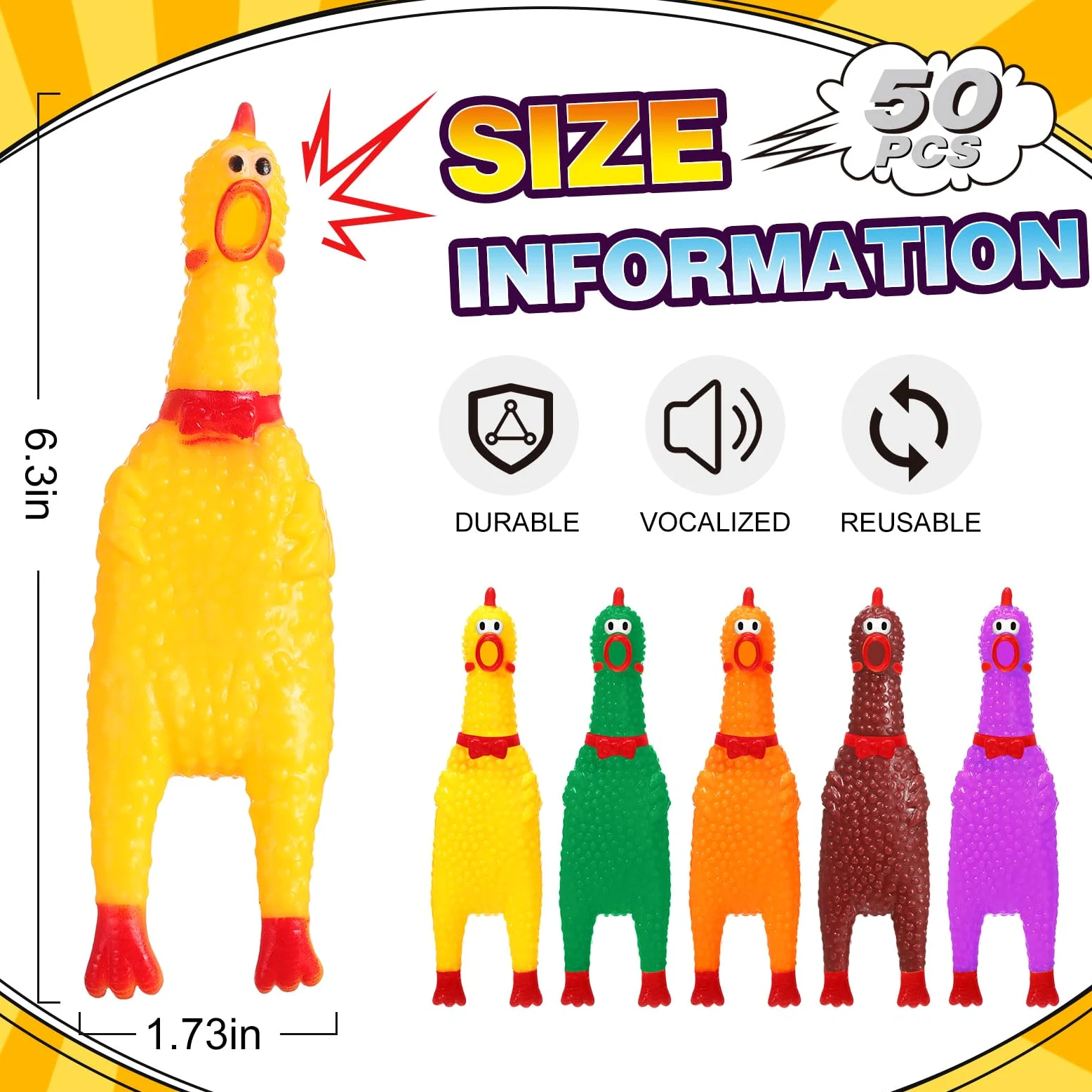 Honoson Lot de 50 poulets en caoutchouc pour chien - Jouet couineur durable - Jouet fantaisie pour petit poulet - 16,3 cm (mélange de couleurs)