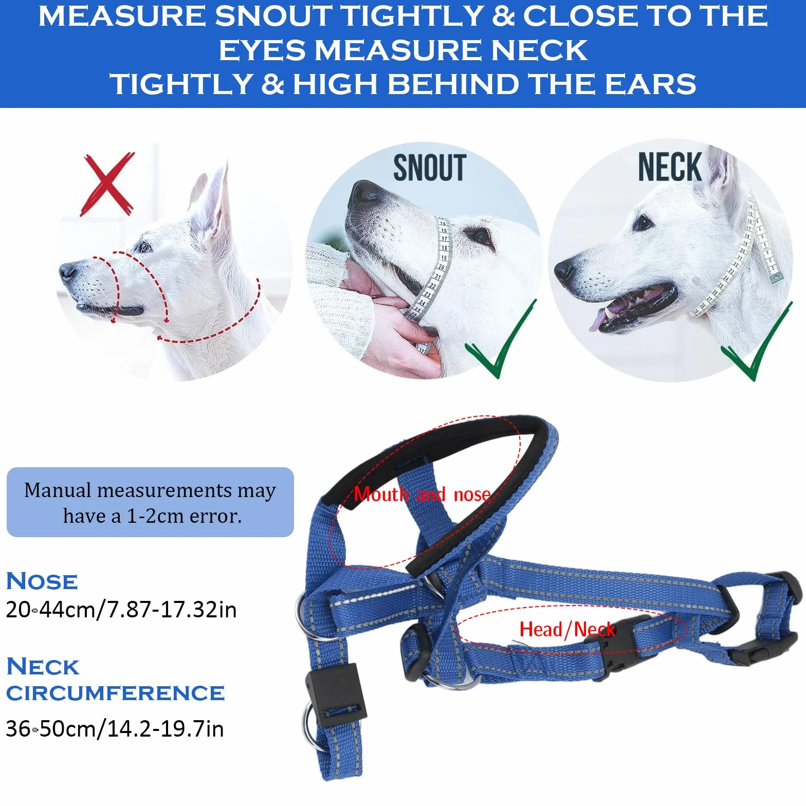 Muselière Chien Tapis en Mousse Dog Muzzle Réglable Cou 36-50cm Bleu Muselières Réfléchissant Licol Chien Souple et Léger Empêche Morsures Aboiements et Tractions