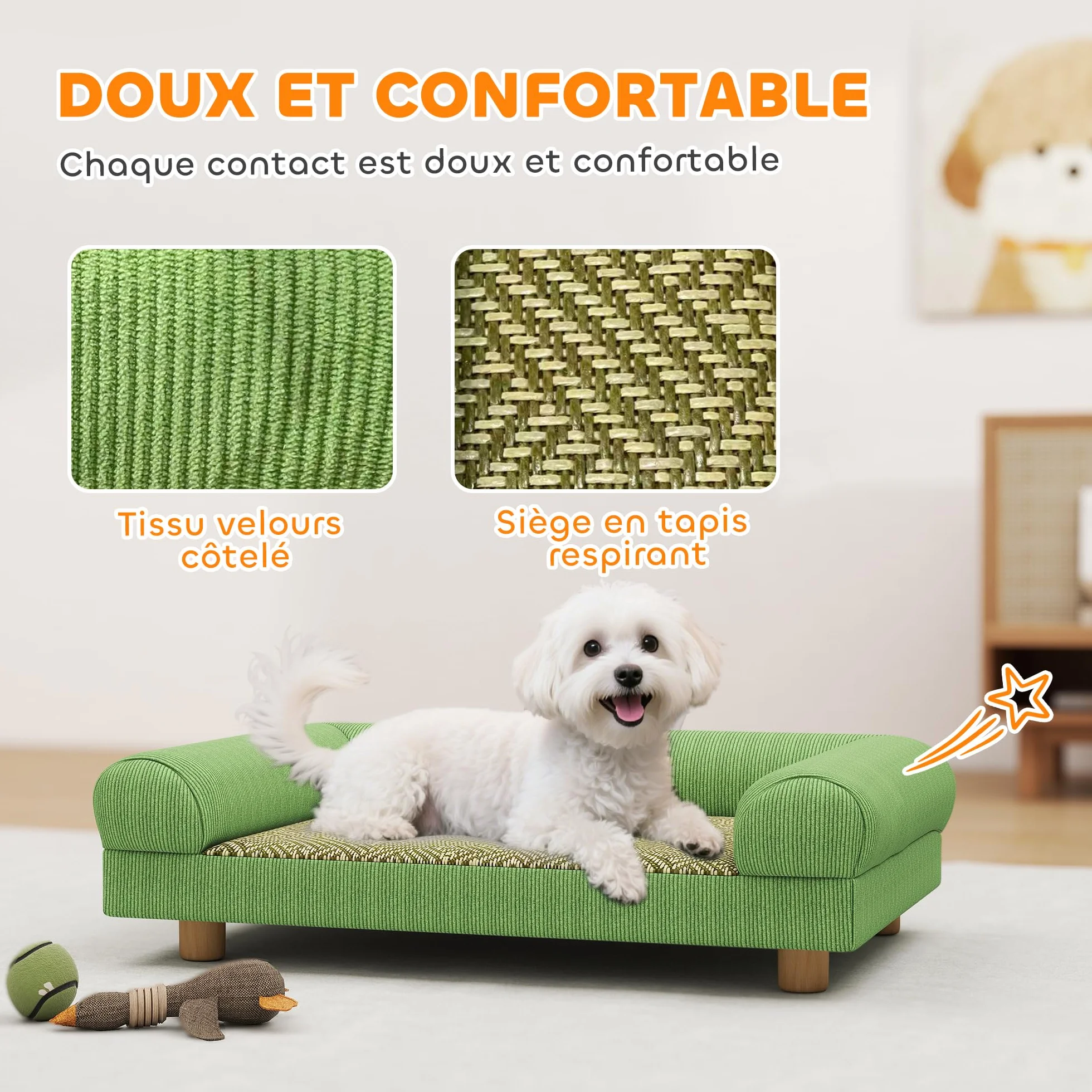 PawHut Canapé pour Chien Chat Lit Surélevé avec Tapis Frais, Accoudoirs, Pieds Velours Doux 63x41x17 cm Vert