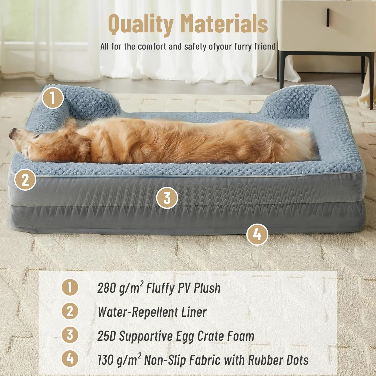 Lit Orthopédique Chien, Mousse mémoire, 107x76 cm, Lavable | Canapé chien avec rebord surélevé, doublure imperméable & antidérapant – coussin peluche moelleux pour grands chiens