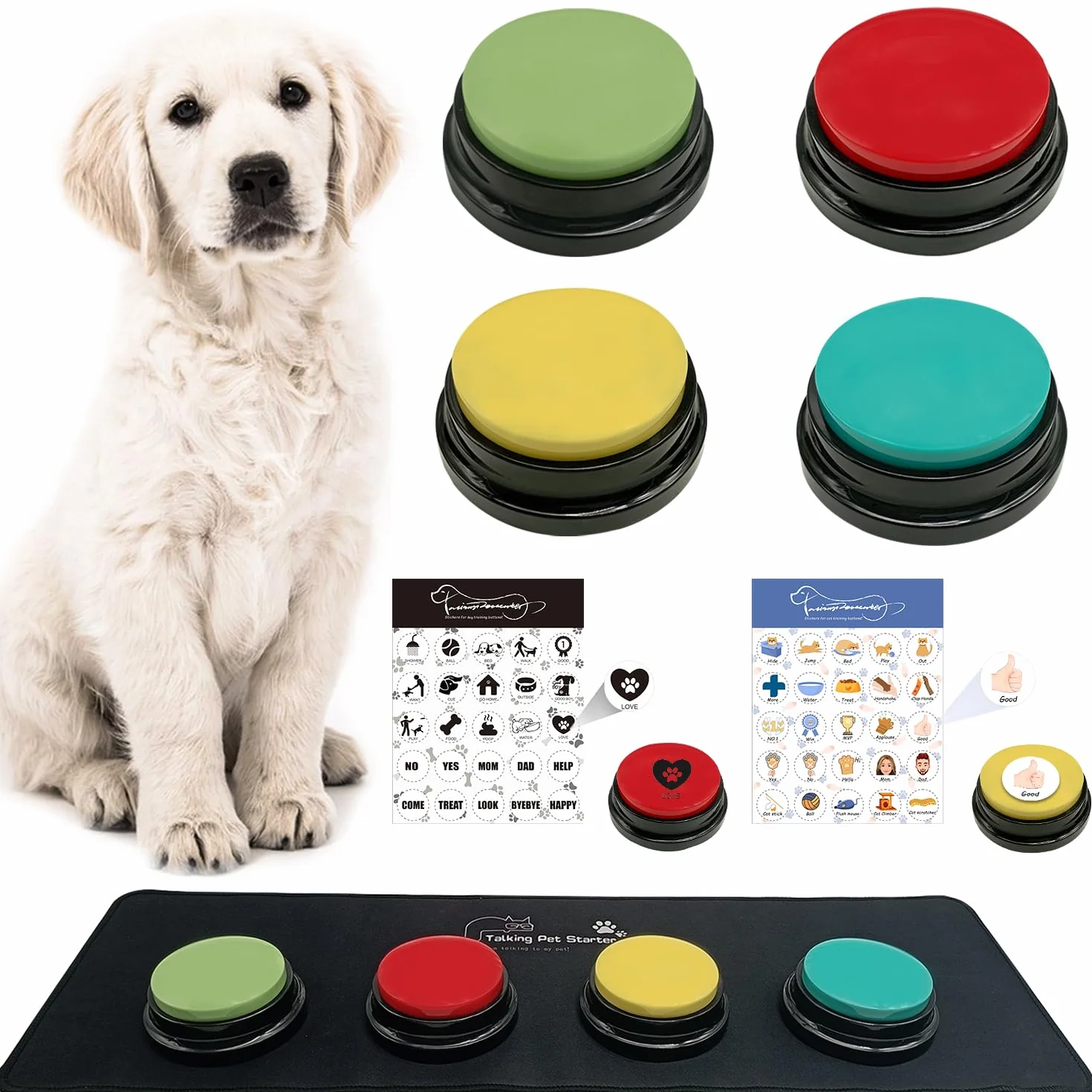 4 Boutons de Communication pour Chien, Boutons enregistrables, Boutons pour Chiens, 4 Boutons, 1 Tampon en Caoutchouc, 50 Autocollants, entraînez Votre Chien à Parler