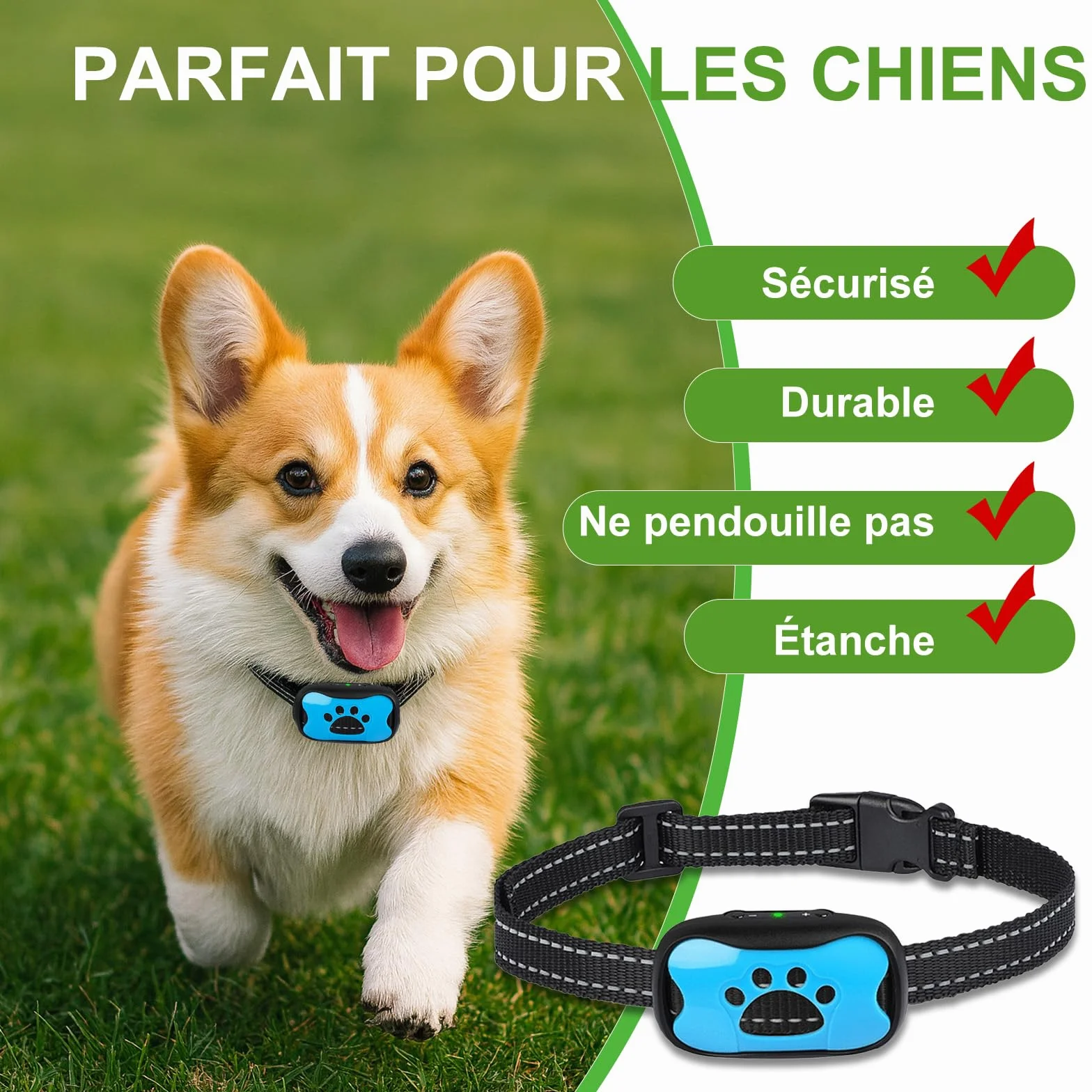 Collier Anti-Aboiement pour Chien sans Douleur, 7 Niveaux Sensibilité, Vibration + Son, Rechargeable (Blue)