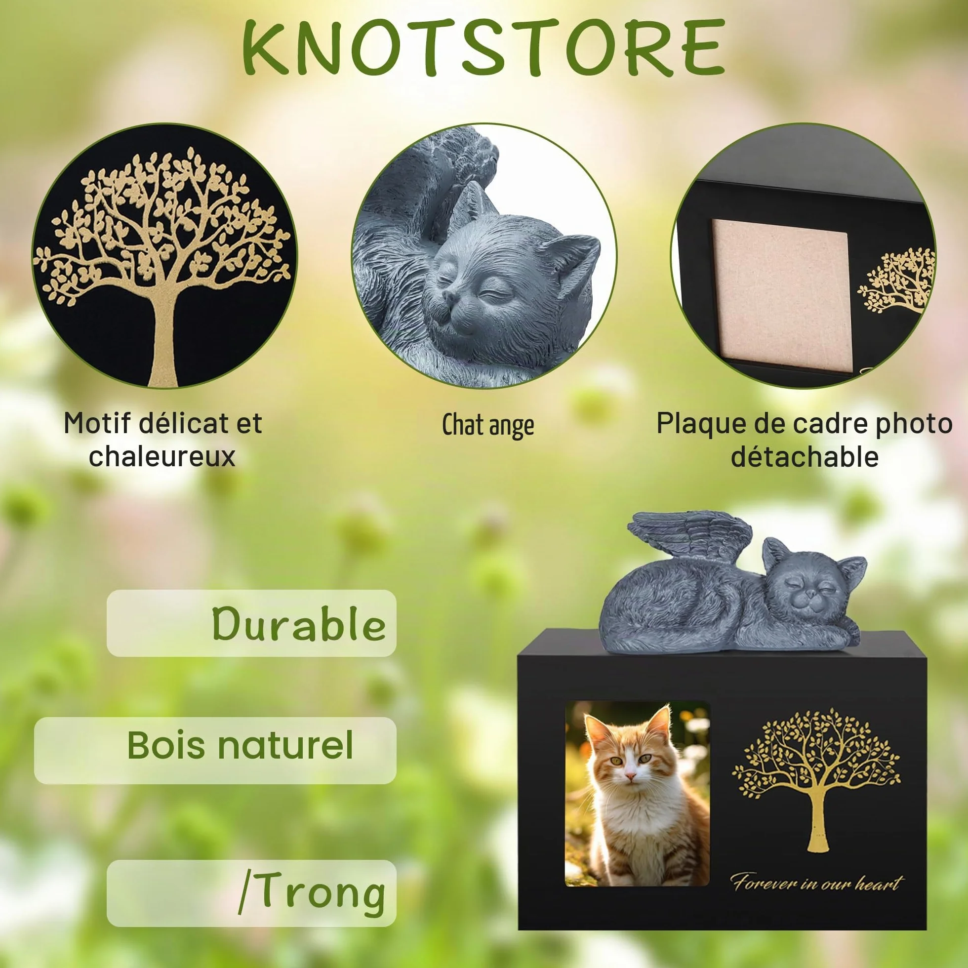 Urne pour chat en bois avec statue de chat en résine et pochette en velours
