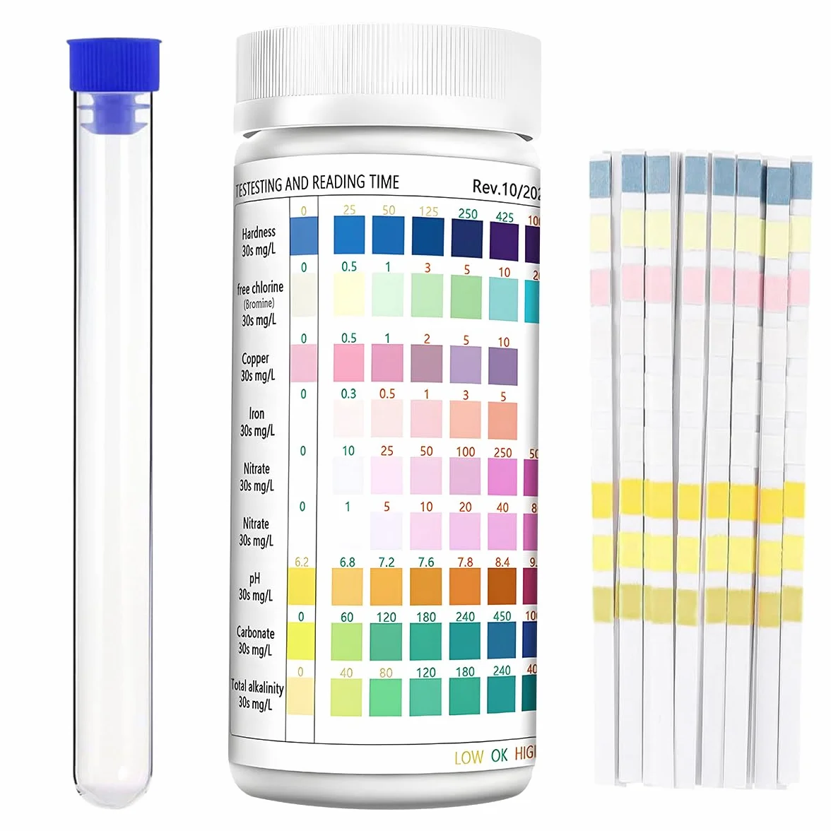 Bandelettes de test d'eau 9 en 1 pour aquarium pH nitrites nitrates chlore dureté totale fer cuivre
