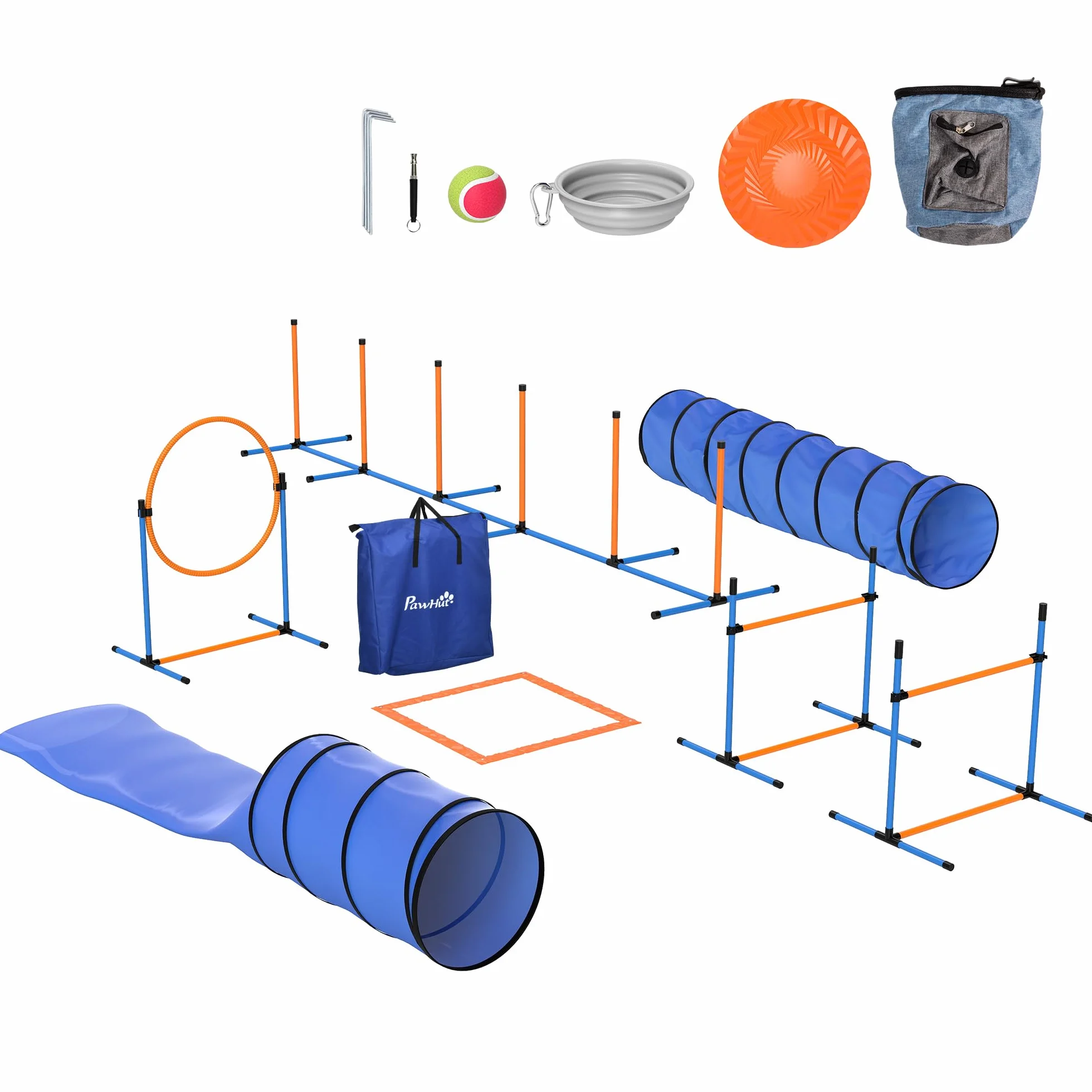 PawHut Ensemble d'Agilité pour Chien 11 Pièces avec 2 Tunnels, Sauts Ajustables, Anneau, Piquets, Zone de Pause, Sac de Transport