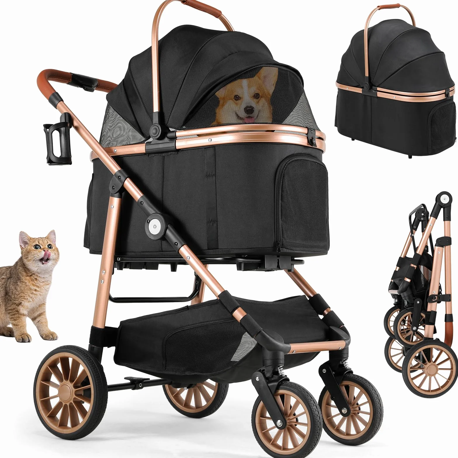 Poussette pour Chien 4 en 1 MAMIZO, Pliable jusqu'à 25 kg, Sac de Transport Pliable, Roues Caoutchouc 360° avec Suspension, Tout Terrain Noir