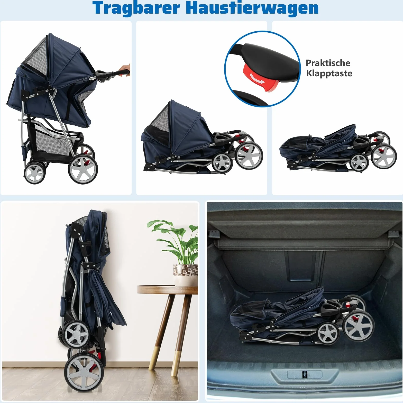SOARS Poussette Chien Pliable 15 kg 87 x 46 x 102 cm Bleu Foncé