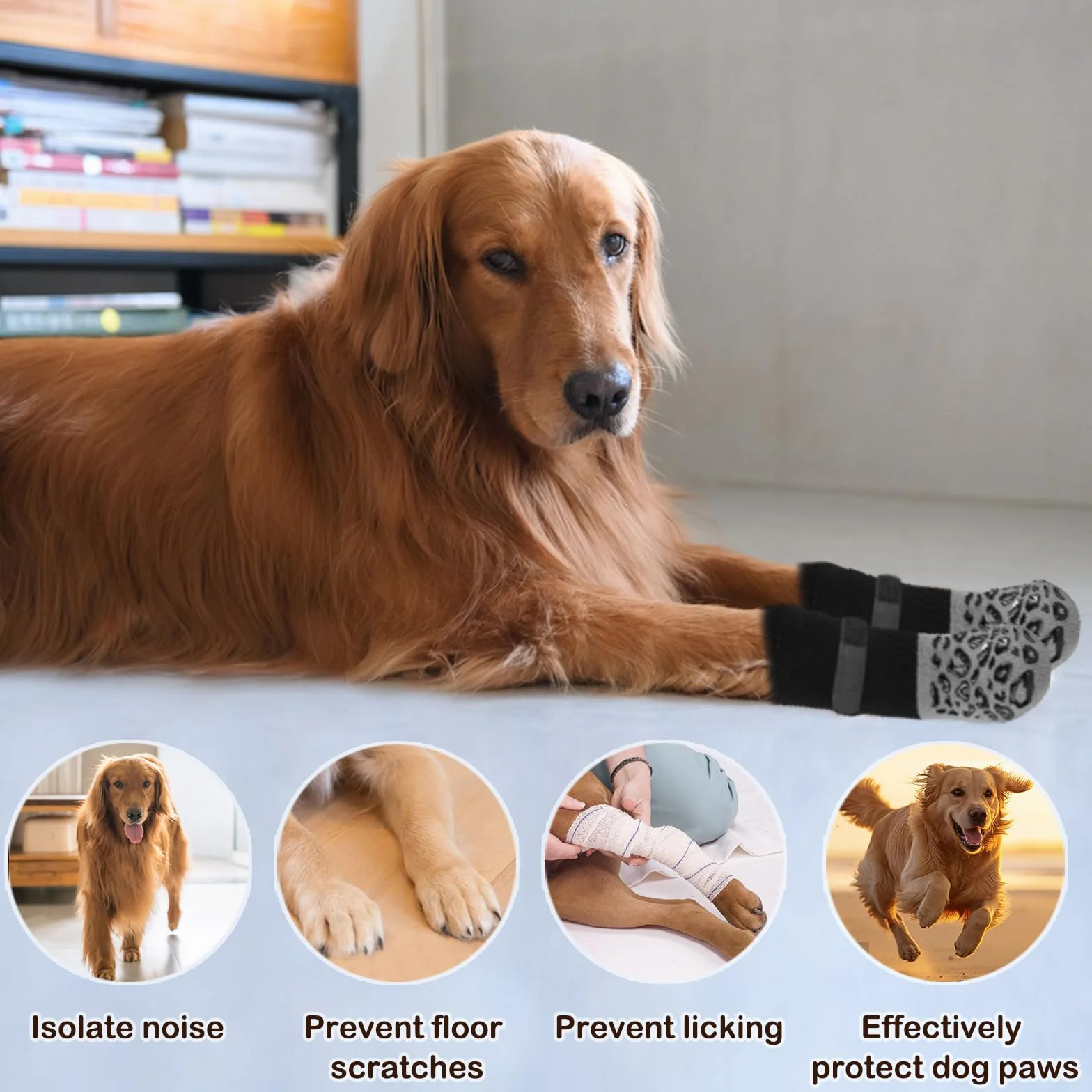 Chaussettes pour Chien Antidérapantes 2 Paires avec Bande Auto Réglable Protection Pattes Intérieur Extérieur (M)