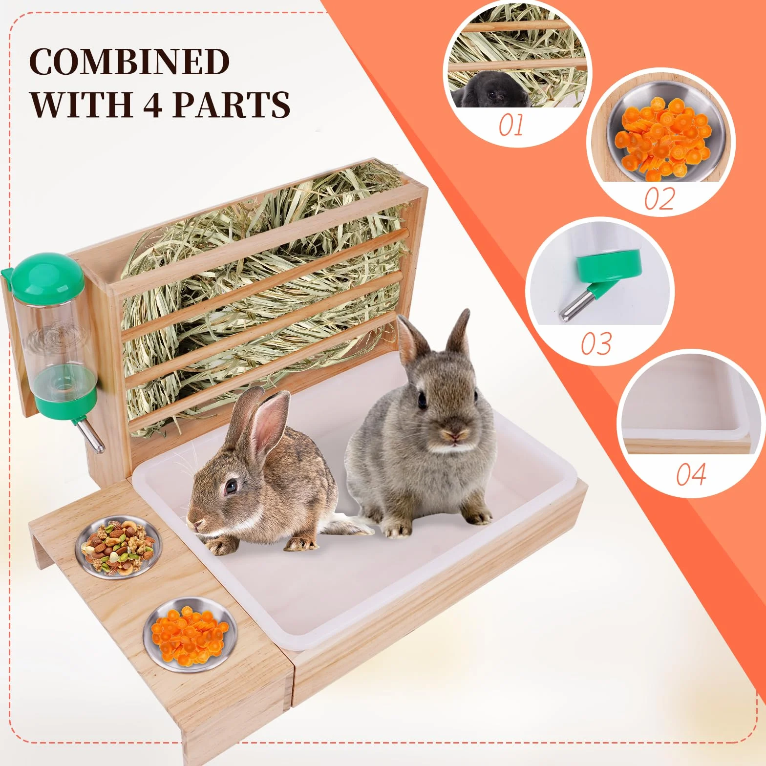 Mangeoire à Foin pour Lapin 4 en 1 avec Bac à Litière Bouteille d'eau Gamelles pour Petits Animaux