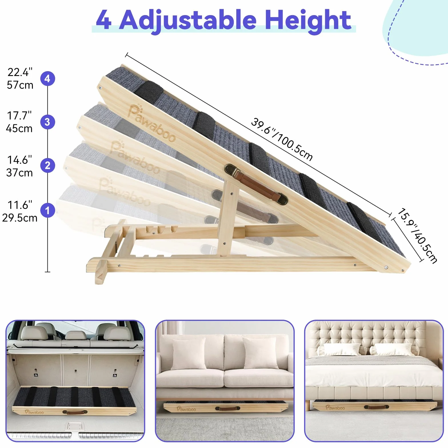 Pawaboo 100 * 40cm Rampe Portable en Bois, Escalier Adjustable pour Chien avec 4 Hauteurs Réglables de 11,6'' à 22,4'', Rampe pour Chien Chat à 143lbs pour Canapé Auto Lit, Extra Large, Bois