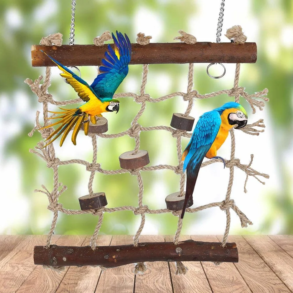 Bird Swings Hamac avec Échelle en Bois 2 Crochets Corde Tissée pour Perroquets
