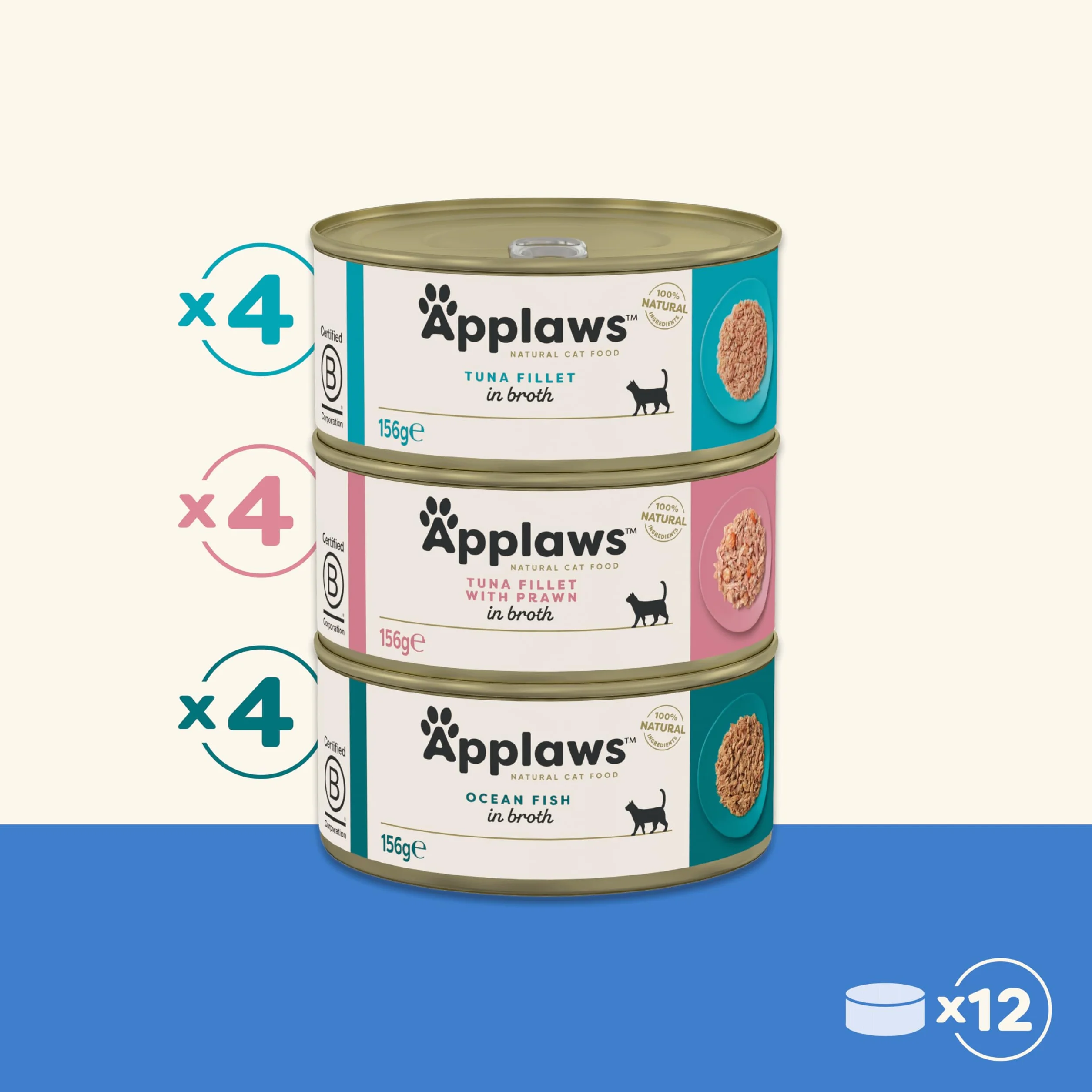 Applaws alimentation humide naturelle pour chat sélection de poissons en bouillon 12 boîtes 156g