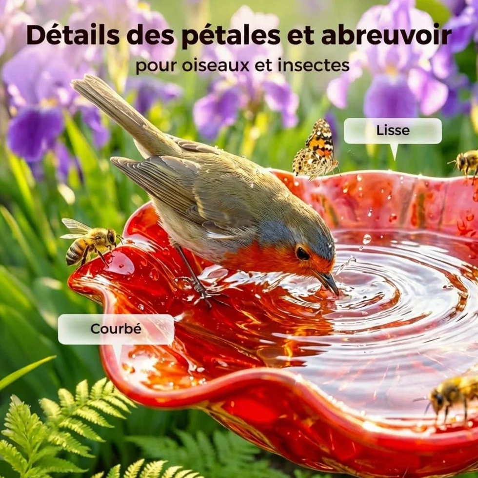Abreuvoir Oiseaux Métal Motif Fleurs, Bain Oiseau Décoratif Résistant Intempéries, Piquet Jardin Fleur Métal Fait Main (Rouge)